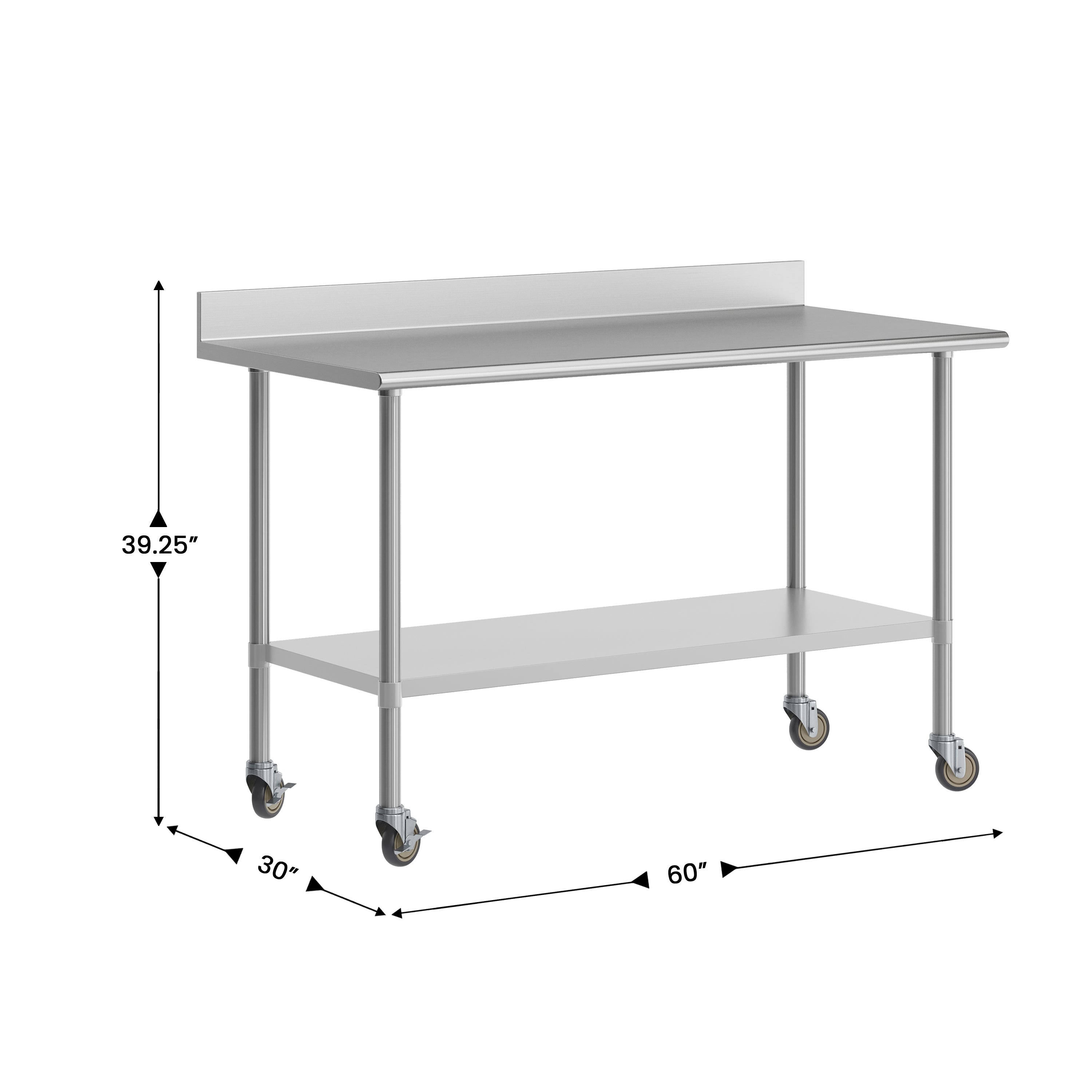 Reese 30" x 60" Prep and Work Table with NSF Certified Stainless Steel Top Shelf, 4" Backsplash, Adjustable Galvanized Steel Undershelf, 4 Casters