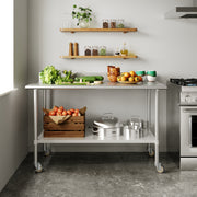 Reese 30" x 60" Prep and Work Table with NSF Certified Stainless Steel Top Shelf, 4" Backsplash, Adjustable Galvanized Steel Undershelf, 4 Casters