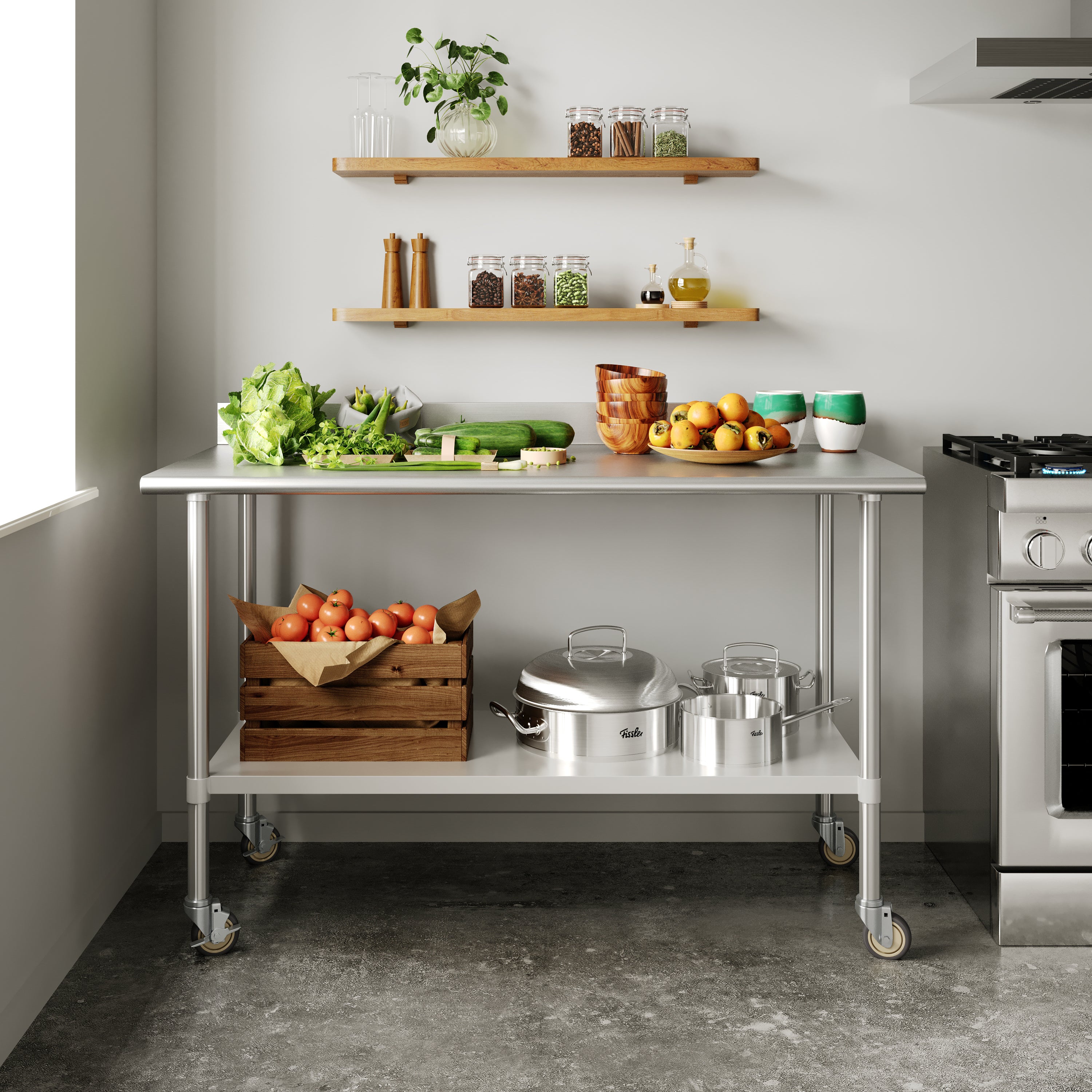 Reese 30" x 60" Prep and Work Table with NSF Certified Stainless Steel Top Shelf, 4" Backsplash, Adjustable Galvanized Steel Undershelf, 4 Casters