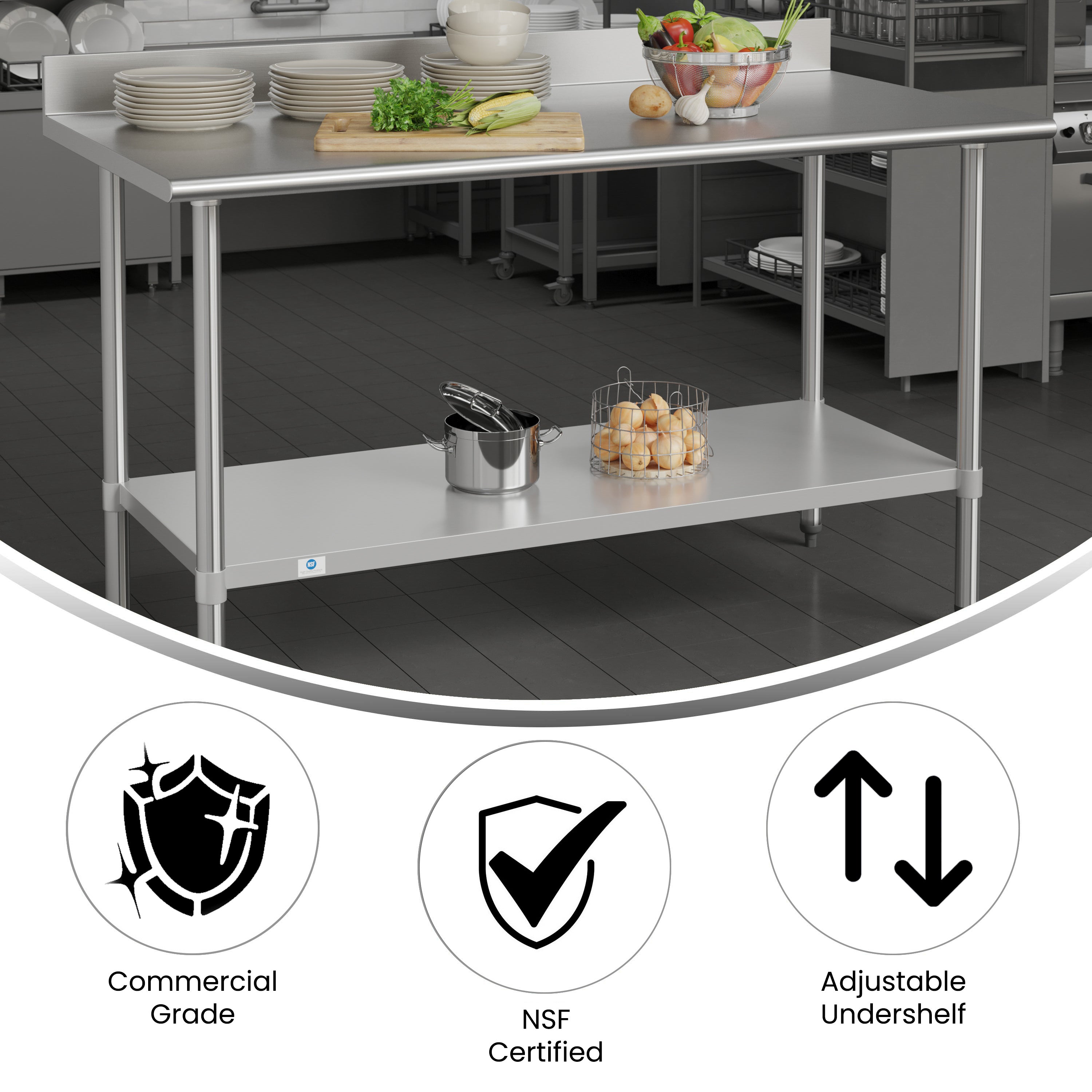 Reese Commercial Grade 430 Stainless Steel 18 Gauge NSF Certified 30" x 60" Kitchen Prep and Work Table with Adjustable Shelf and 4" Backsplash