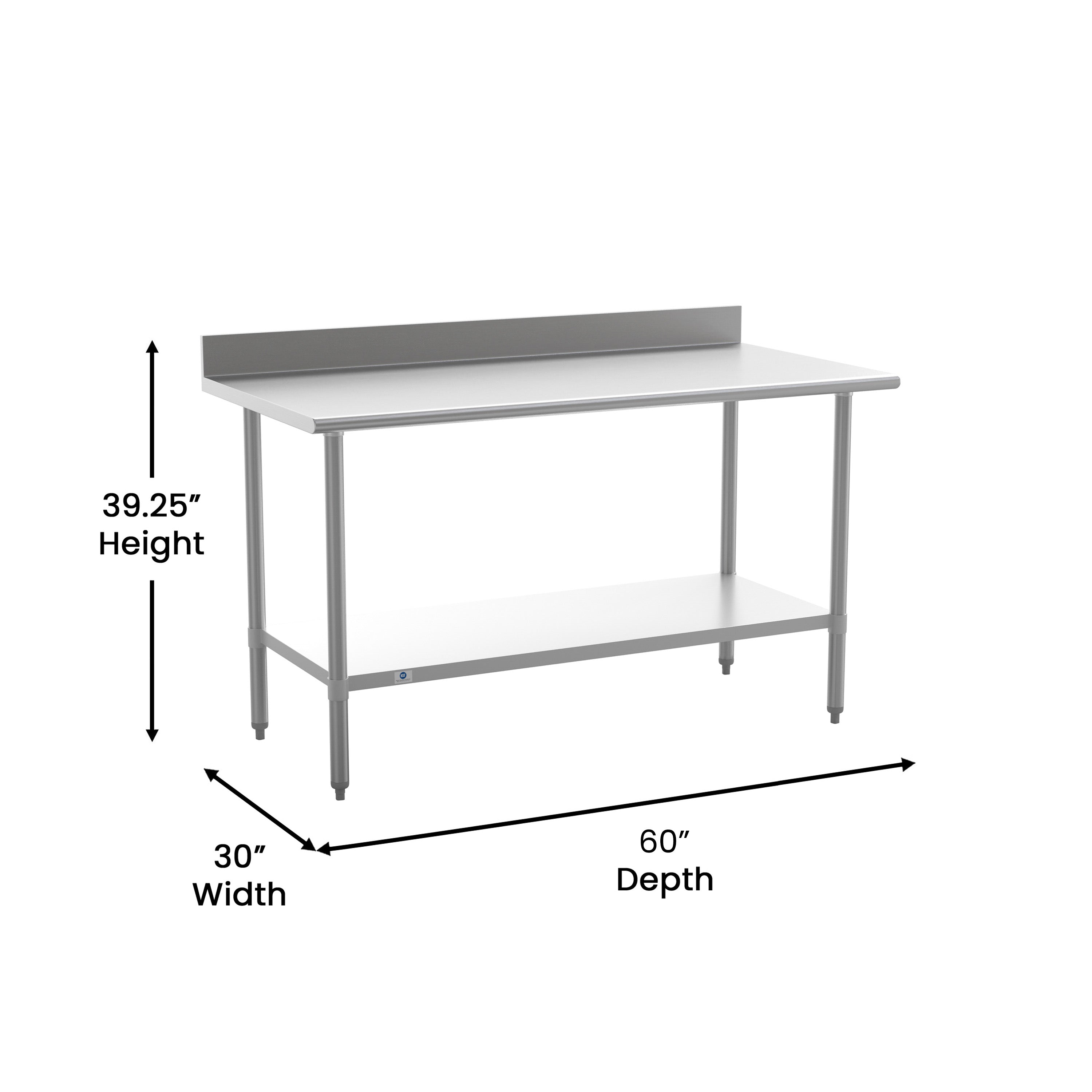 Reese Commercial Grade 430 Stainless Steel 18 Gauge NSF Certified 30" x 60" Kitchen Prep and Work Table with Adjustable Shelf and 4" Backsplash