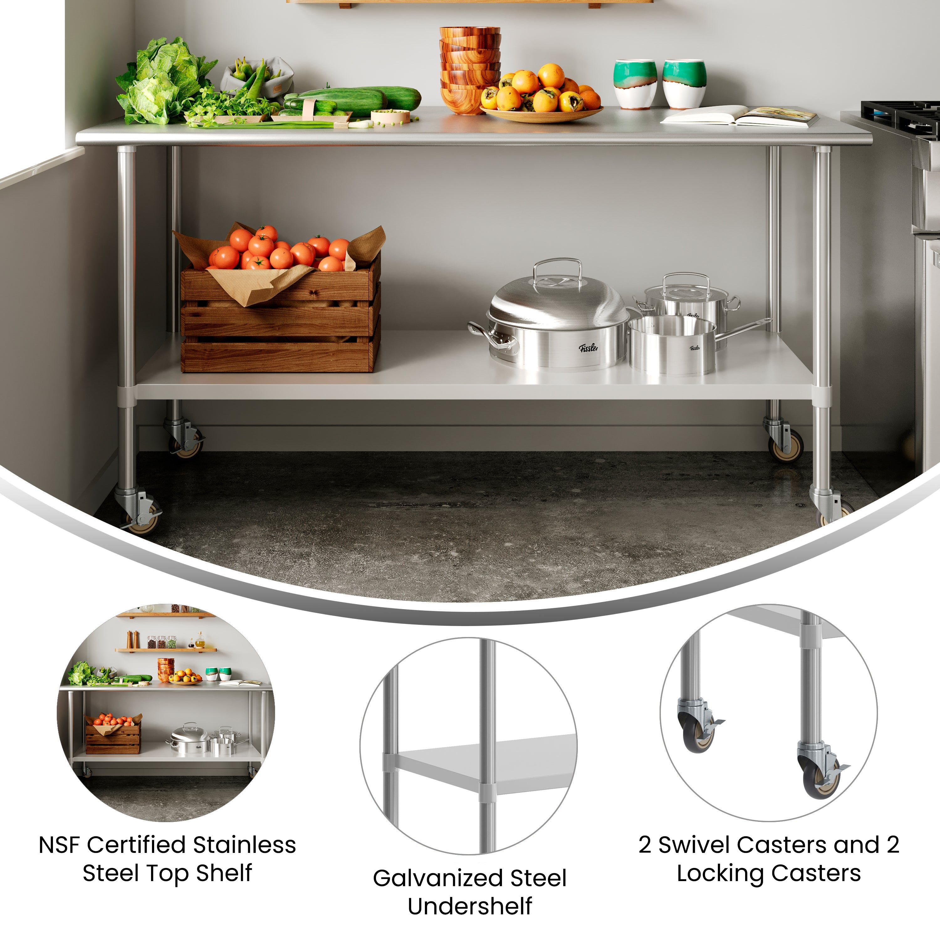 Reader Portable Prep and Work Table with NSF Certified 18 Gauge Stainless Steel Top Shelf, Galvanized Steel Undershelf and 4 Casters with 2 Locking