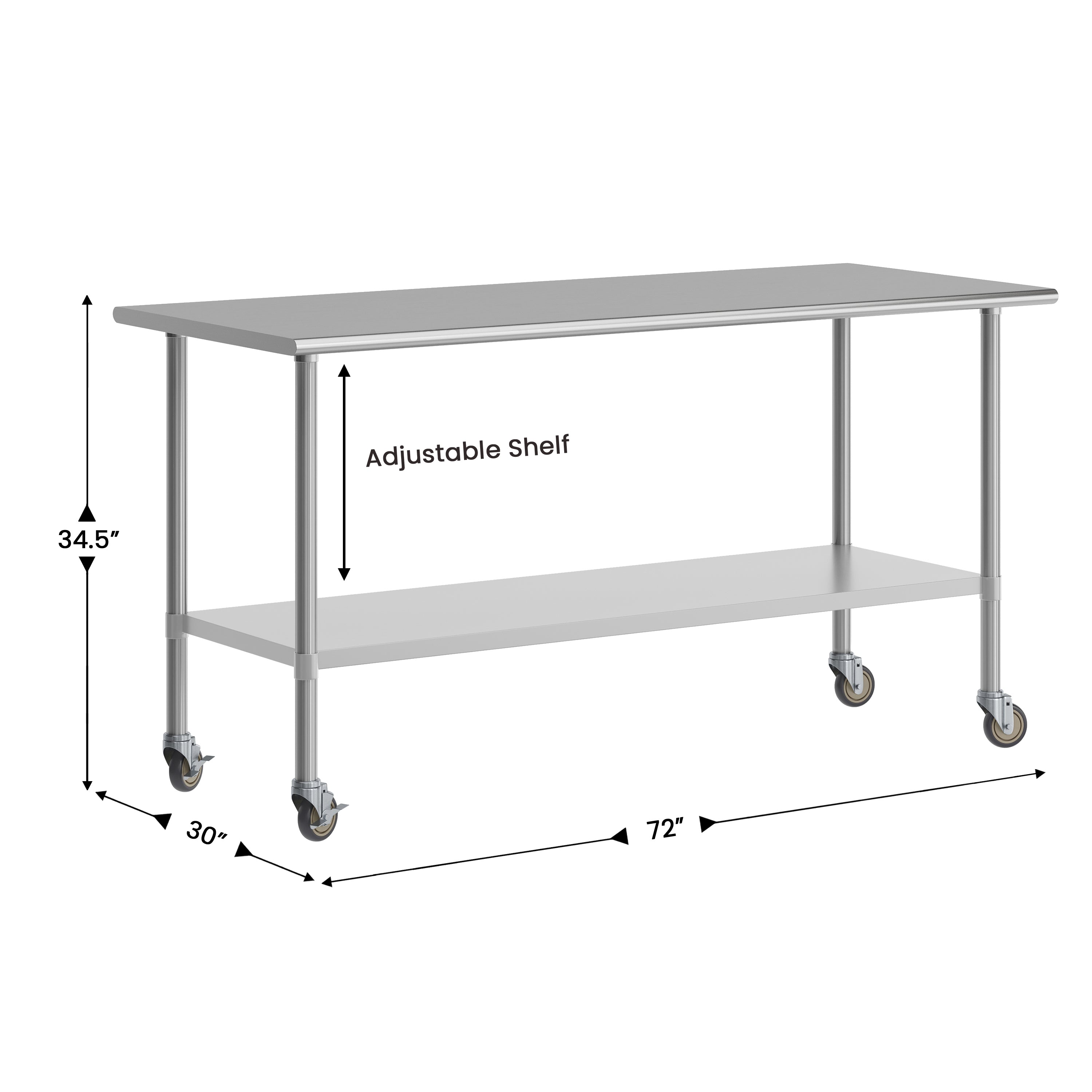 Reader Portable Prep and Work Table with NSF Certified 18 Gauge Stainless Steel Top Shelf, Galvanized Steel Undershelf and 4 Casters with 2 Locking