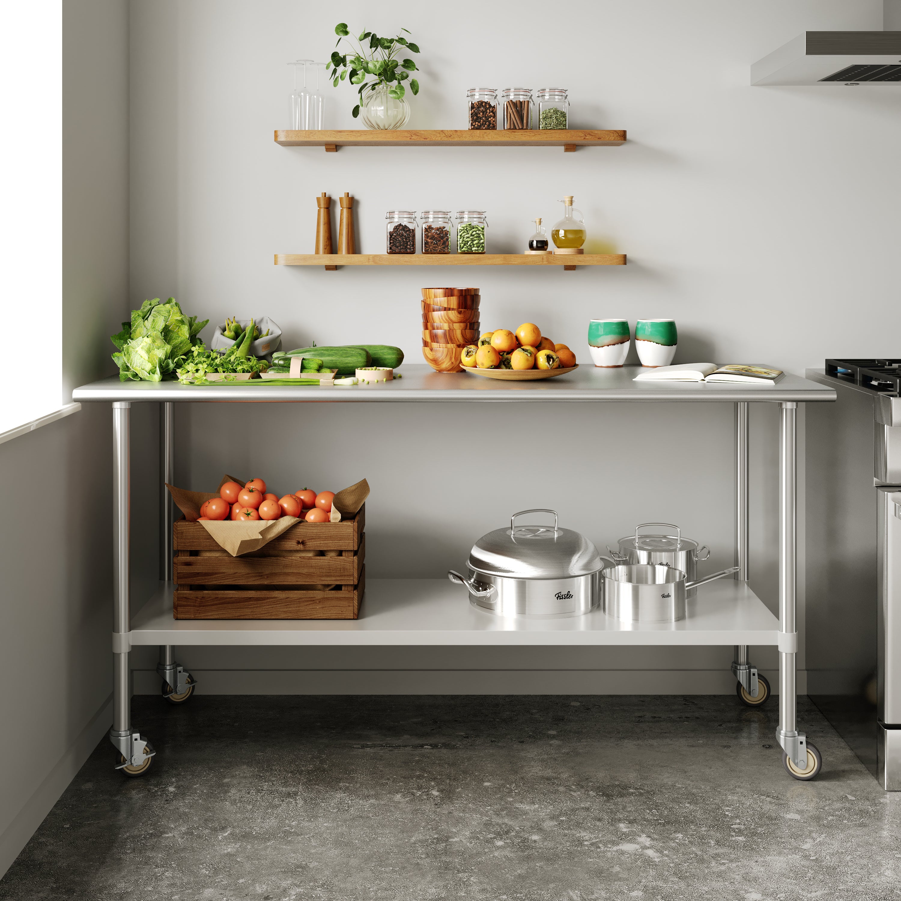 Reader Portable Prep and Work Table with NSF Certified 18 Gauge Stainless Steel Top Shelf, Galvanized Steel Undershelf and 4 Casters with 2 Locking