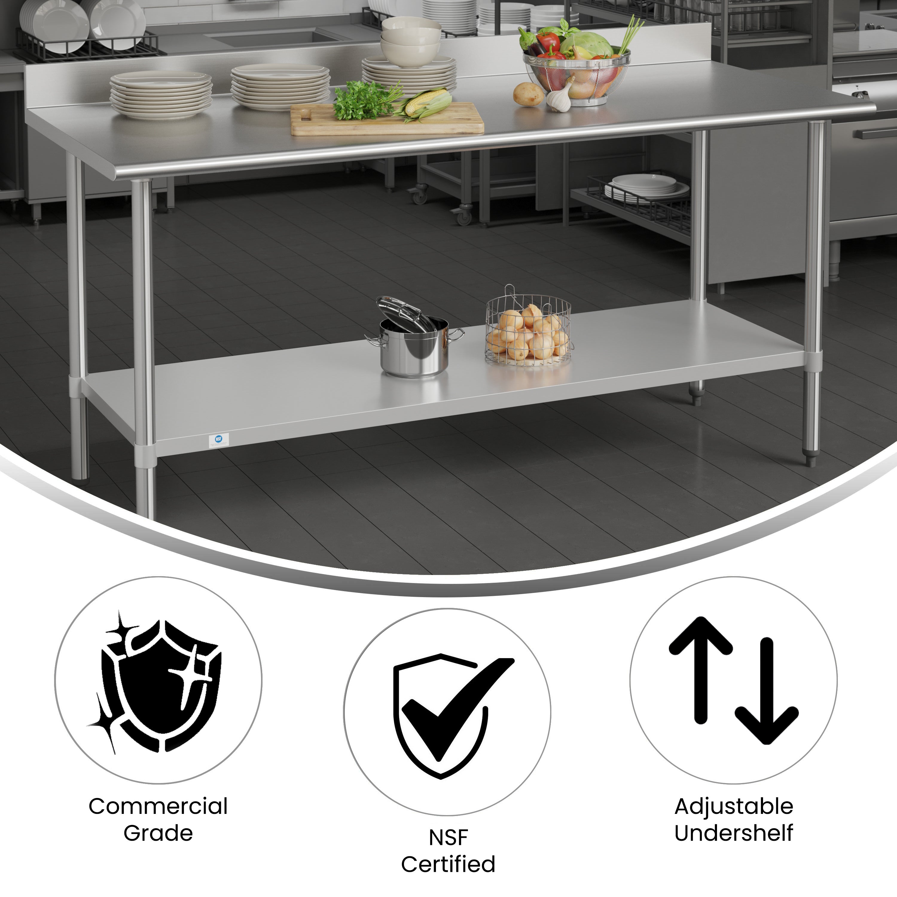 Reese Commercial Grade 430 Stainless Steel 18 Gauge NSF Certified 30" x 72" Kitchen Prep and Work Table with Adjustable Shelf and 4" Backsplash