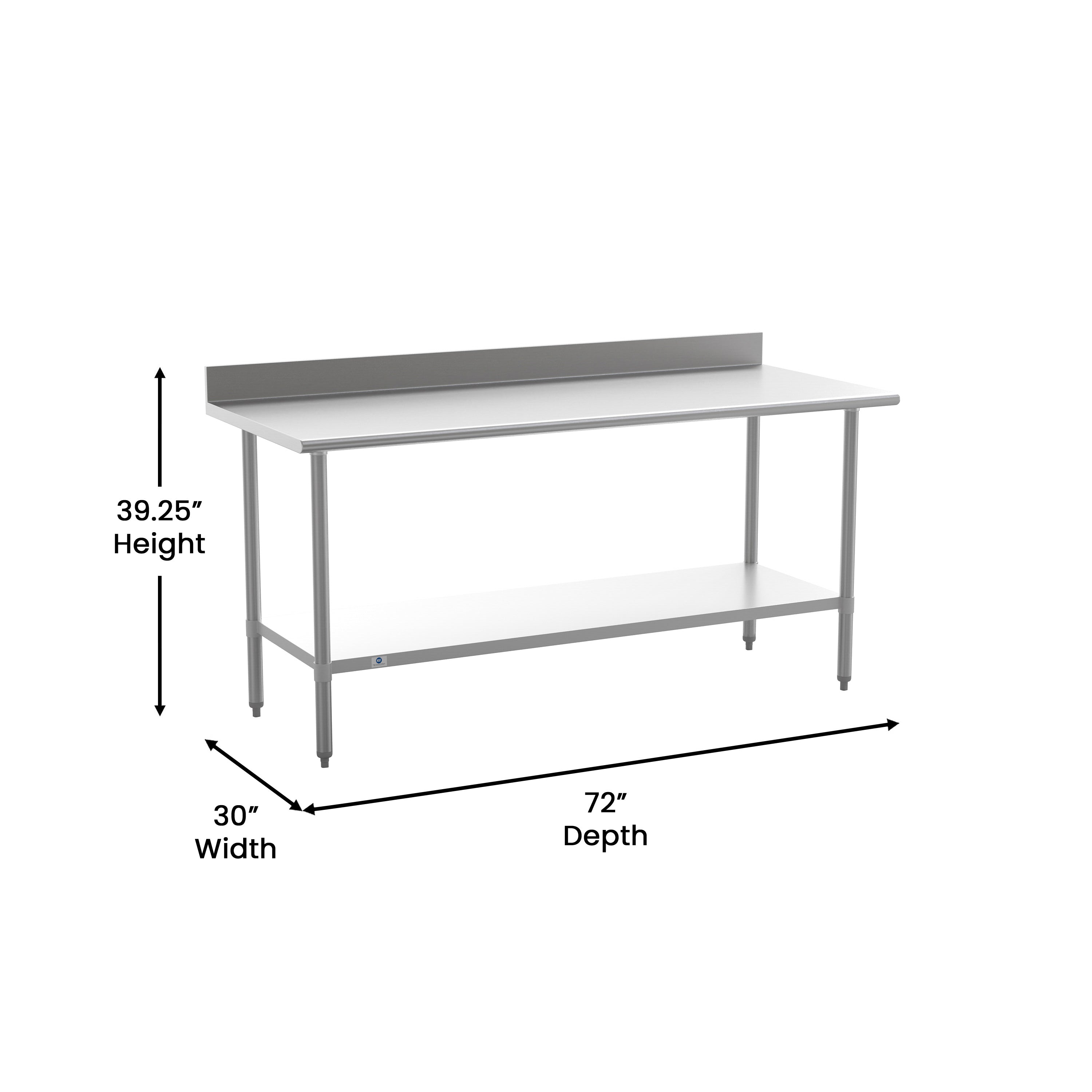 Reese Commercial Grade 430 Stainless Steel 18 Gauge NSF Certified 30" x 72" Kitchen Prep and Work Table with Adjustable Shelf and 4" Backsplash