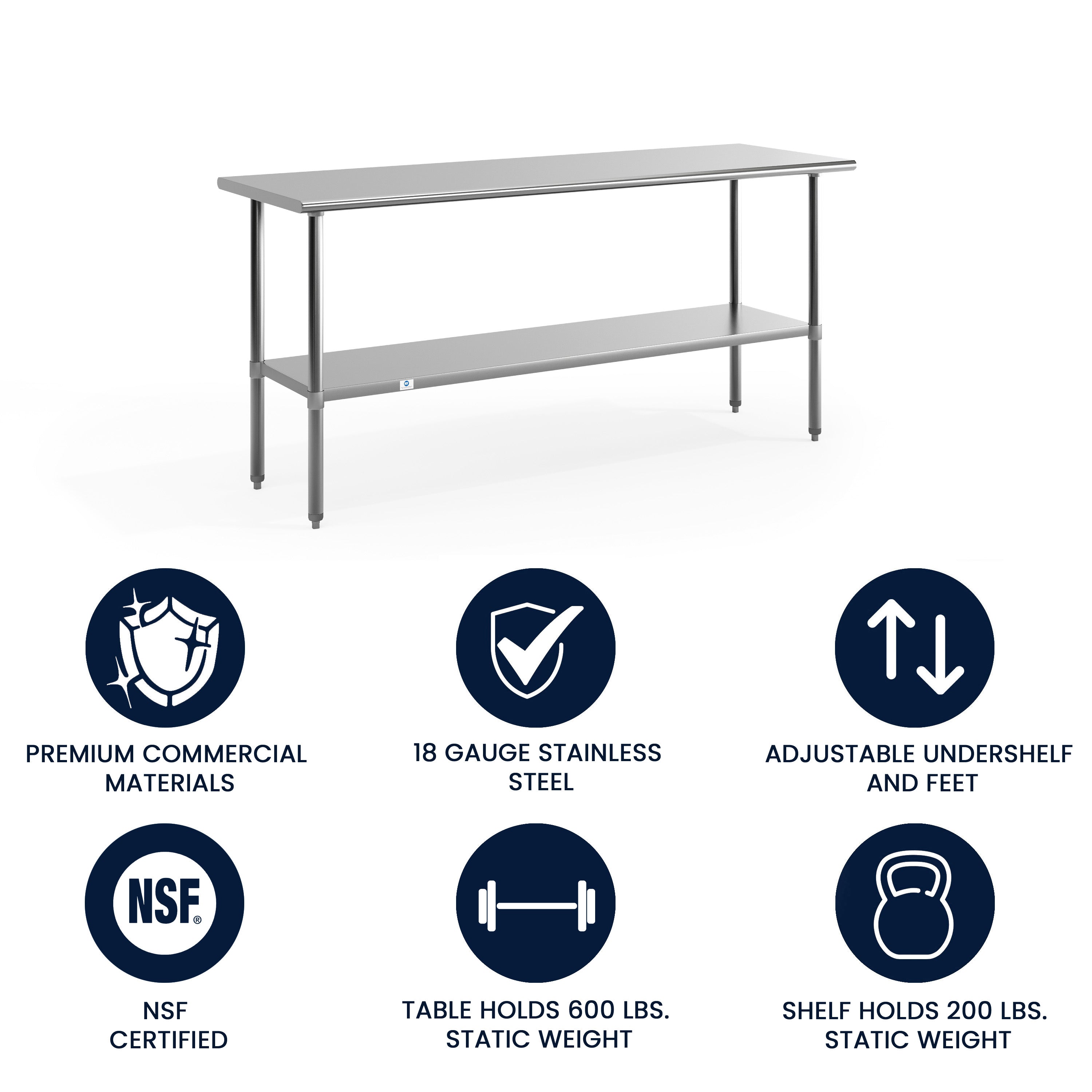 Reader Stainless Steel 18  Gauge Prep and Work Table with Undershelf - NSF Certified - 72"W x 30"D x 34.5"H