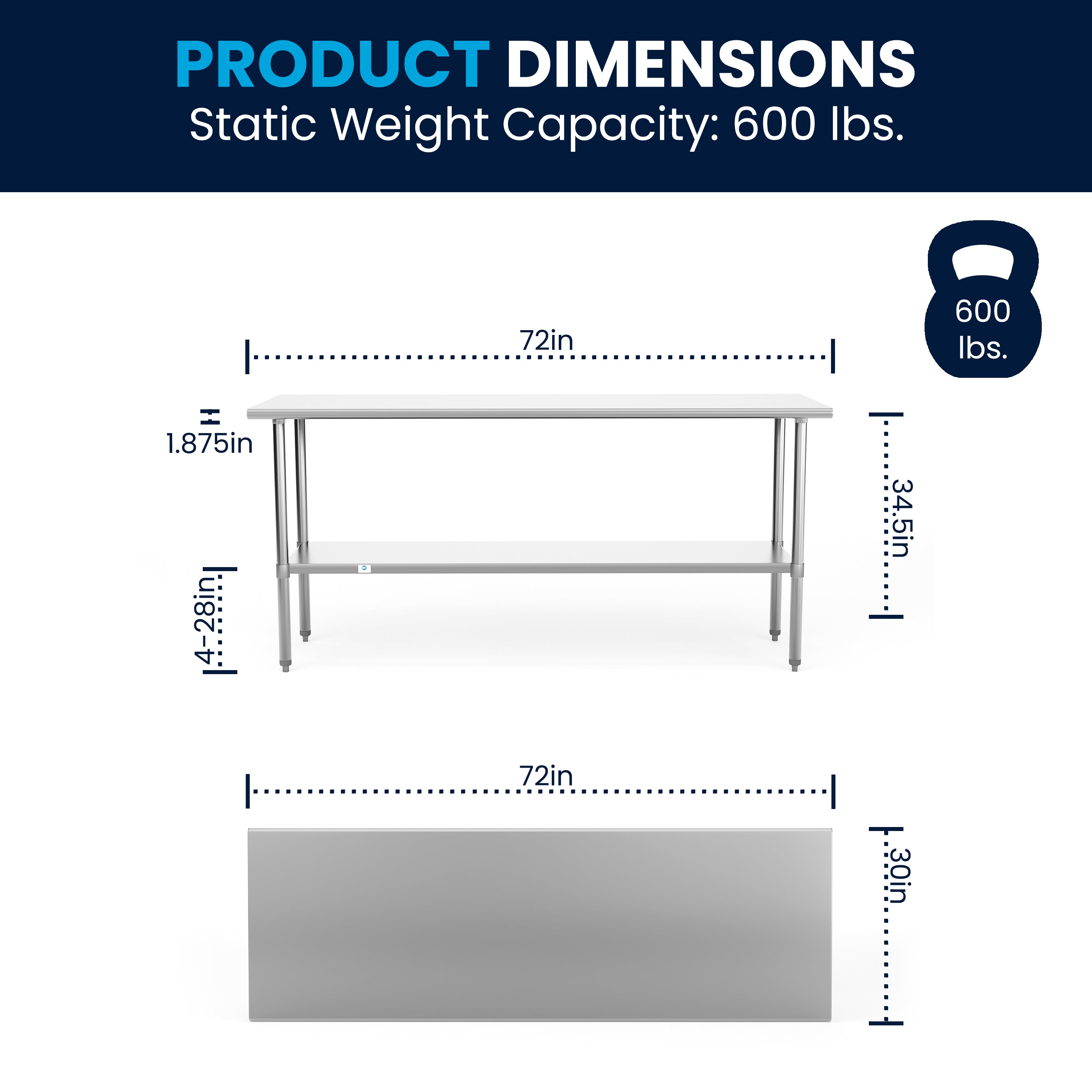 Reader Stainless Steel 18  Gauge Prep and Work Table with Undershelf - NSF Certified - 72"W x 30"D x 34.5"H