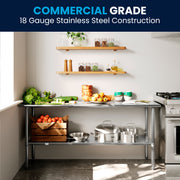 Reader Stainless Steel 18  Gauge Prep and Work Table with Undershelf - NSF Certified - 72"W x 30"D x 34.5"H