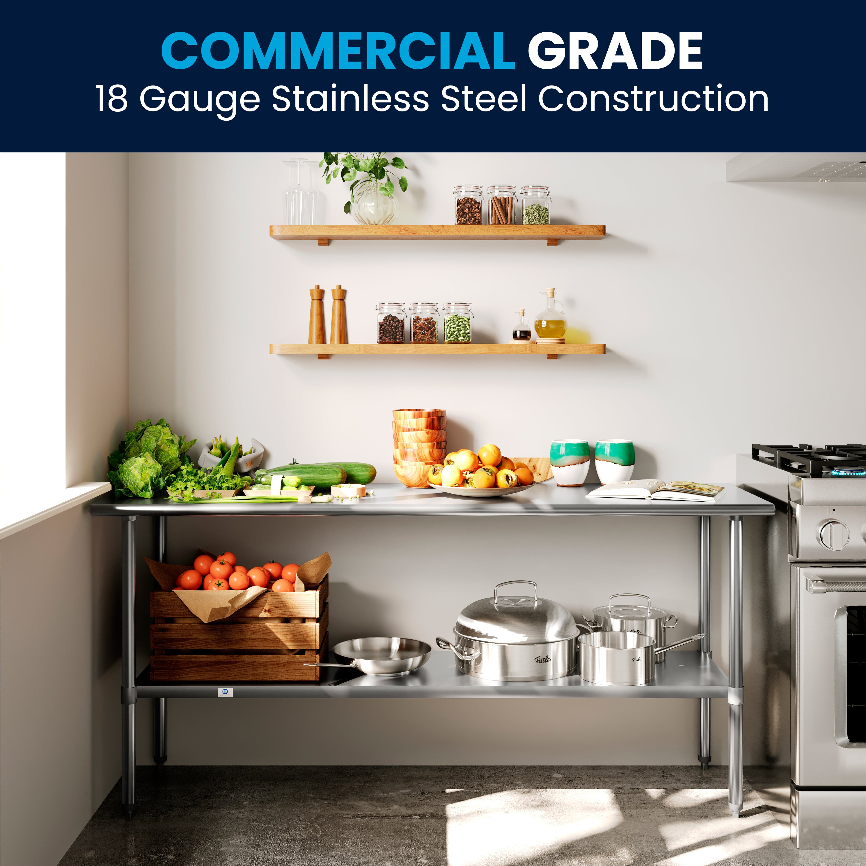Reader Stainless Steel 18  Gauge Prep and Work Table with Undershelf - NSF Certified - 72"W x 30"D x 34.5"H
