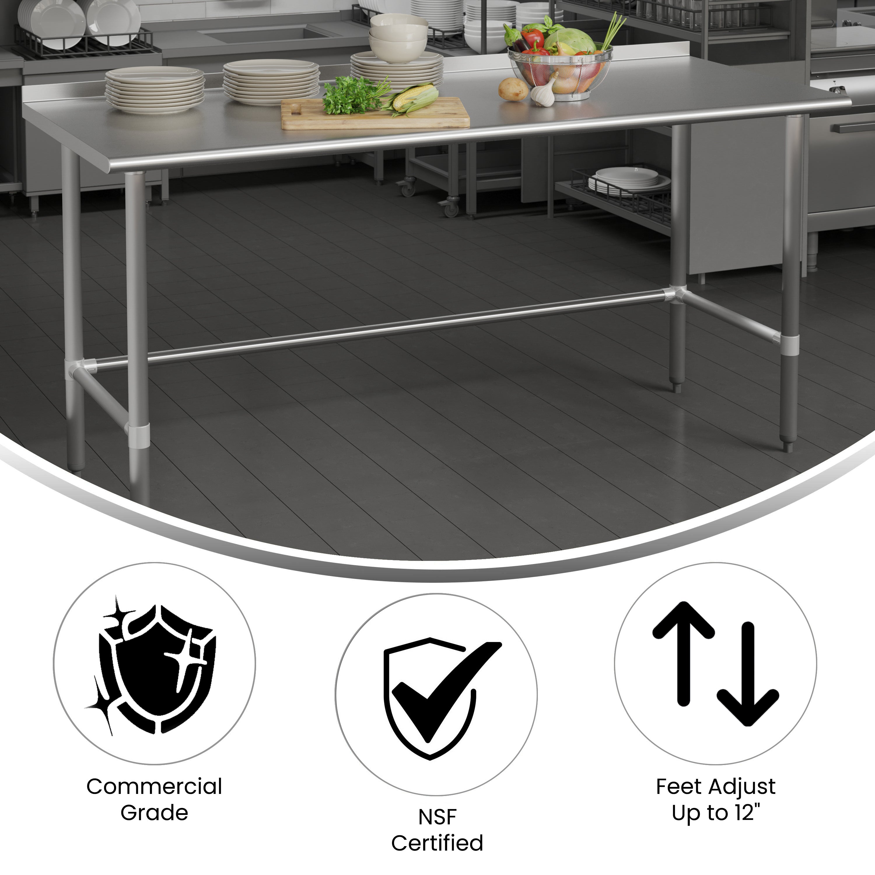 Reese Commercial Grade 430 Stainless Steel 18 Gauge NSF Certified Open Base Kitchen Prep and Work Table with 1.5" Backsplash