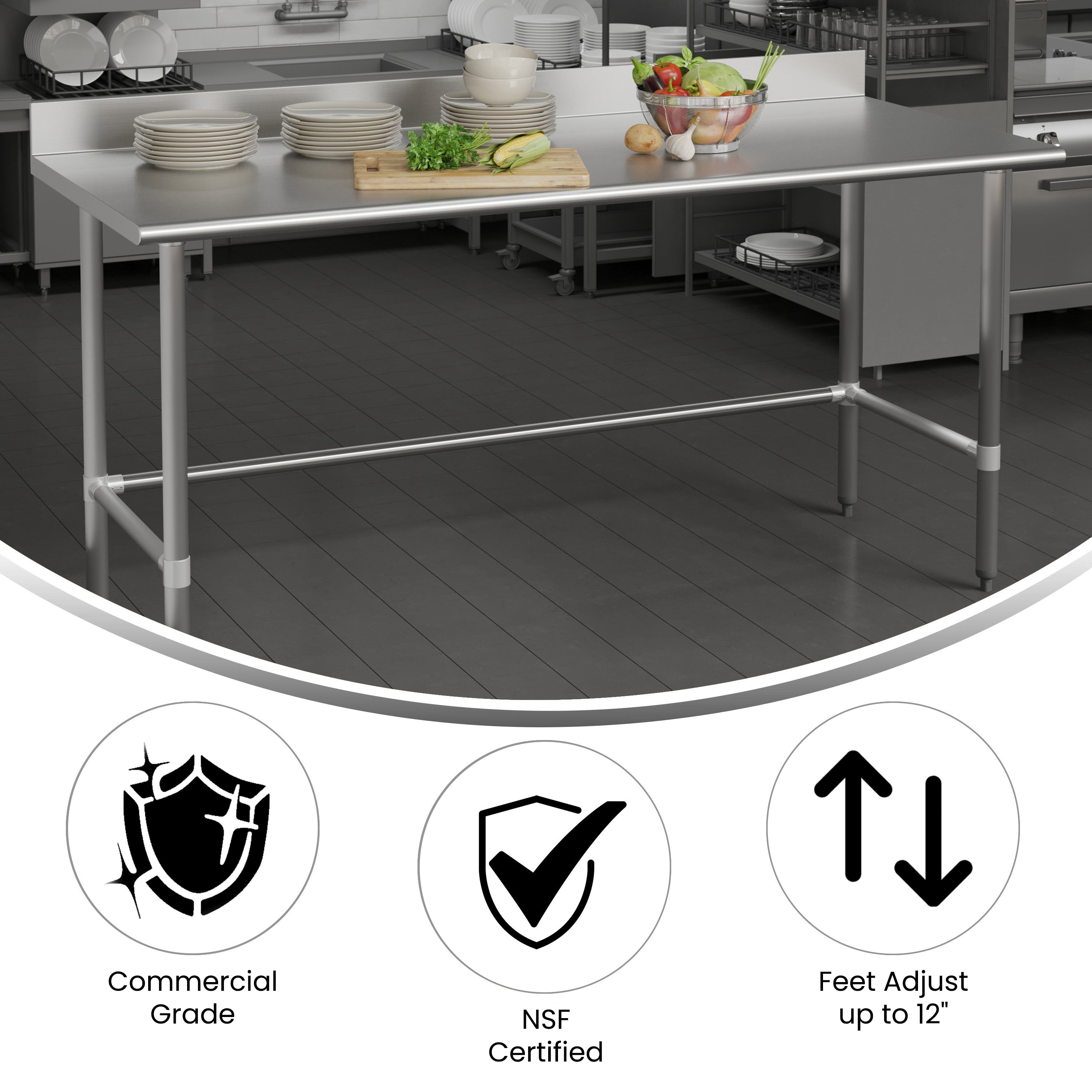 Reese Commercial Grade 430 Stainless Steel 18 Gauge NSF Certified Open Base Kitchen Prep and Work Table with 4" Backsplash