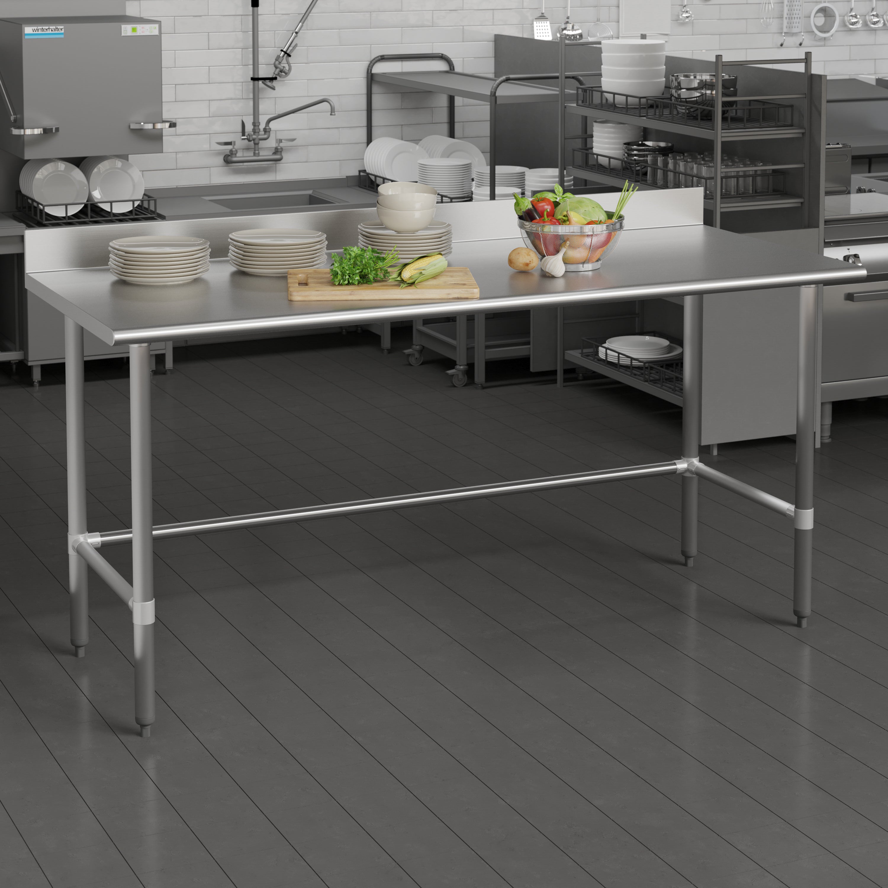 Reese Commercial Grade 430 Stainless Steel 18 Gauge NSF Certified Open Base Kitchen Prep and Work Table with 4" Backsplash