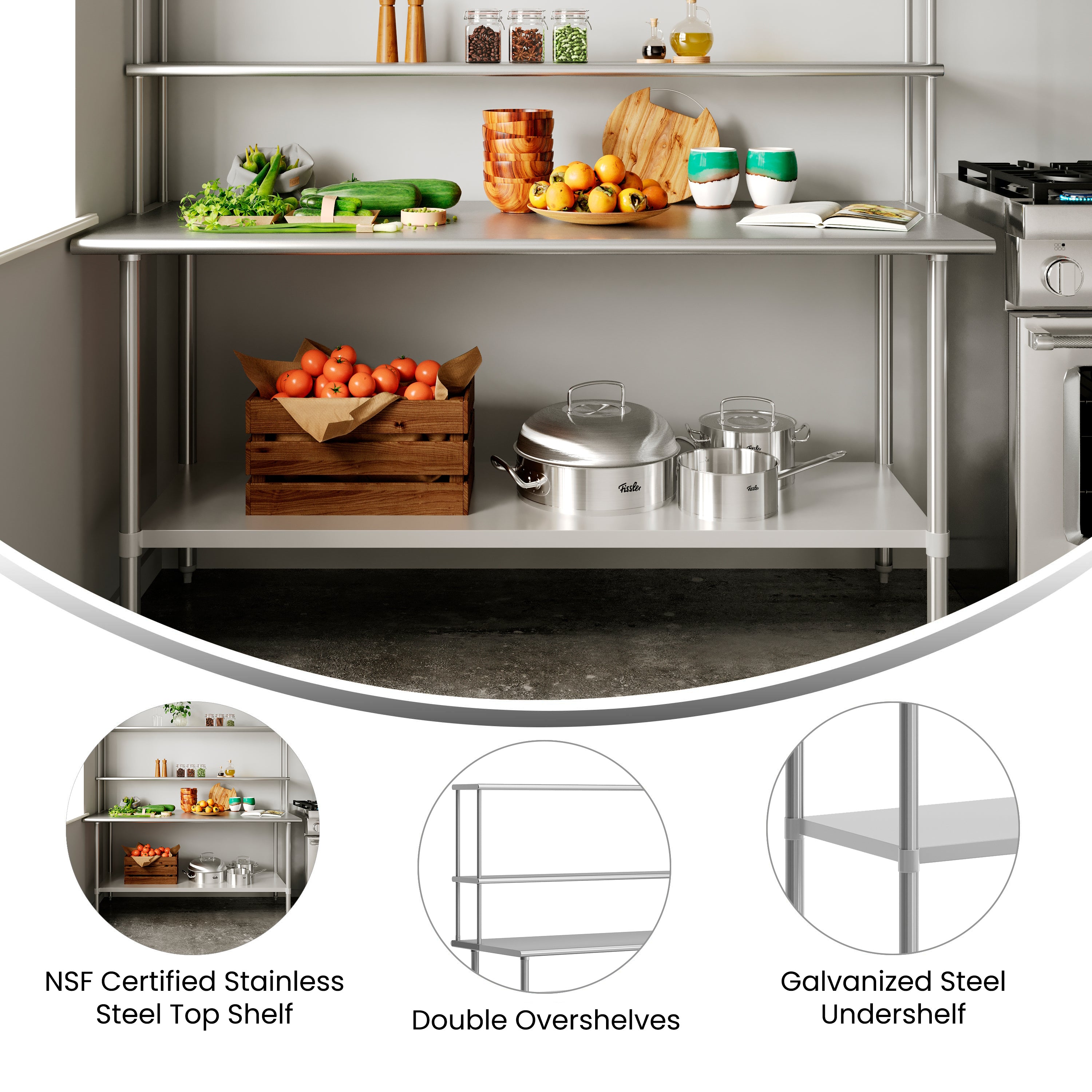 Reader Portable Prep and Work Table with NSF Certified 18 Gauge Stainless Steel Top Shelf and Double Overshelves and Galvanized Steel Undershelf