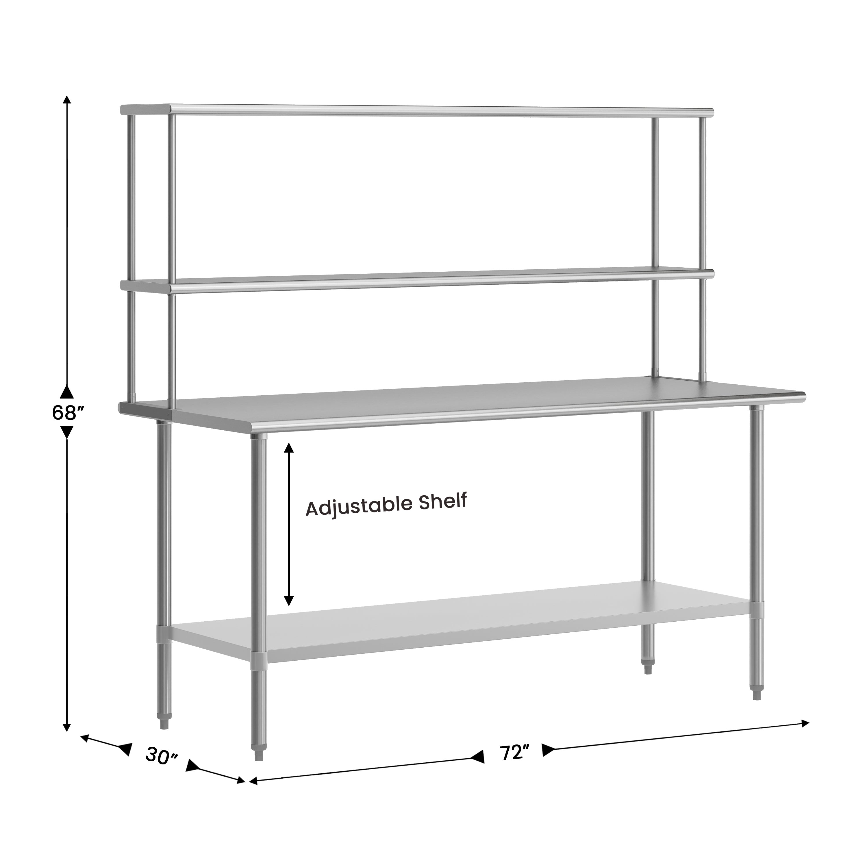 Reader Portable Prep and Work Table with NSF Certified 18 Gauge Stainless Steel Top Shelf and Double Overshelves and Galvanized Steel Undershelf