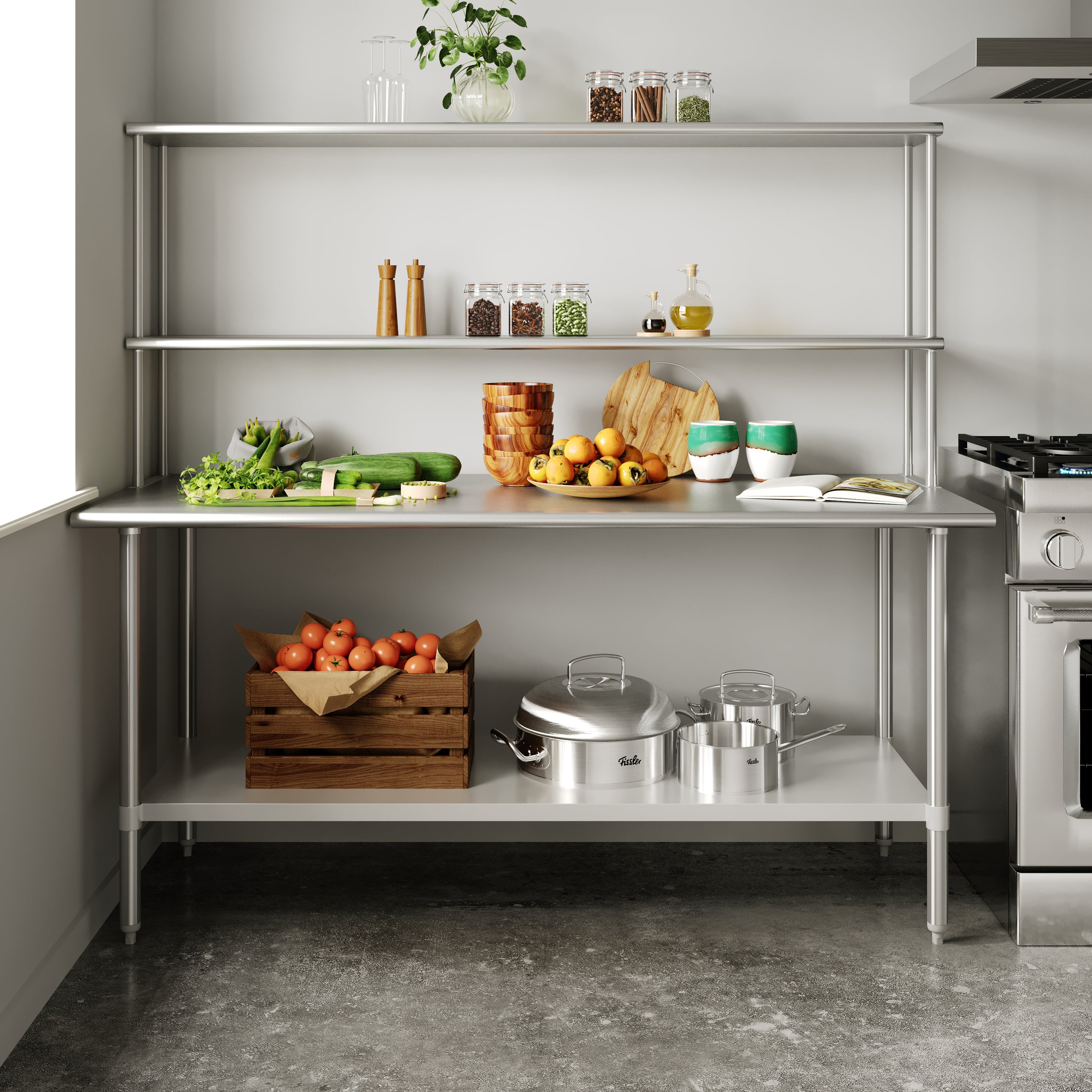 Reader Portable Prep and Work Table with NSF Certified 18 Gauge Stainless Steel Top Shelf and Double Overshelves and Galvanized Steel Undershelf