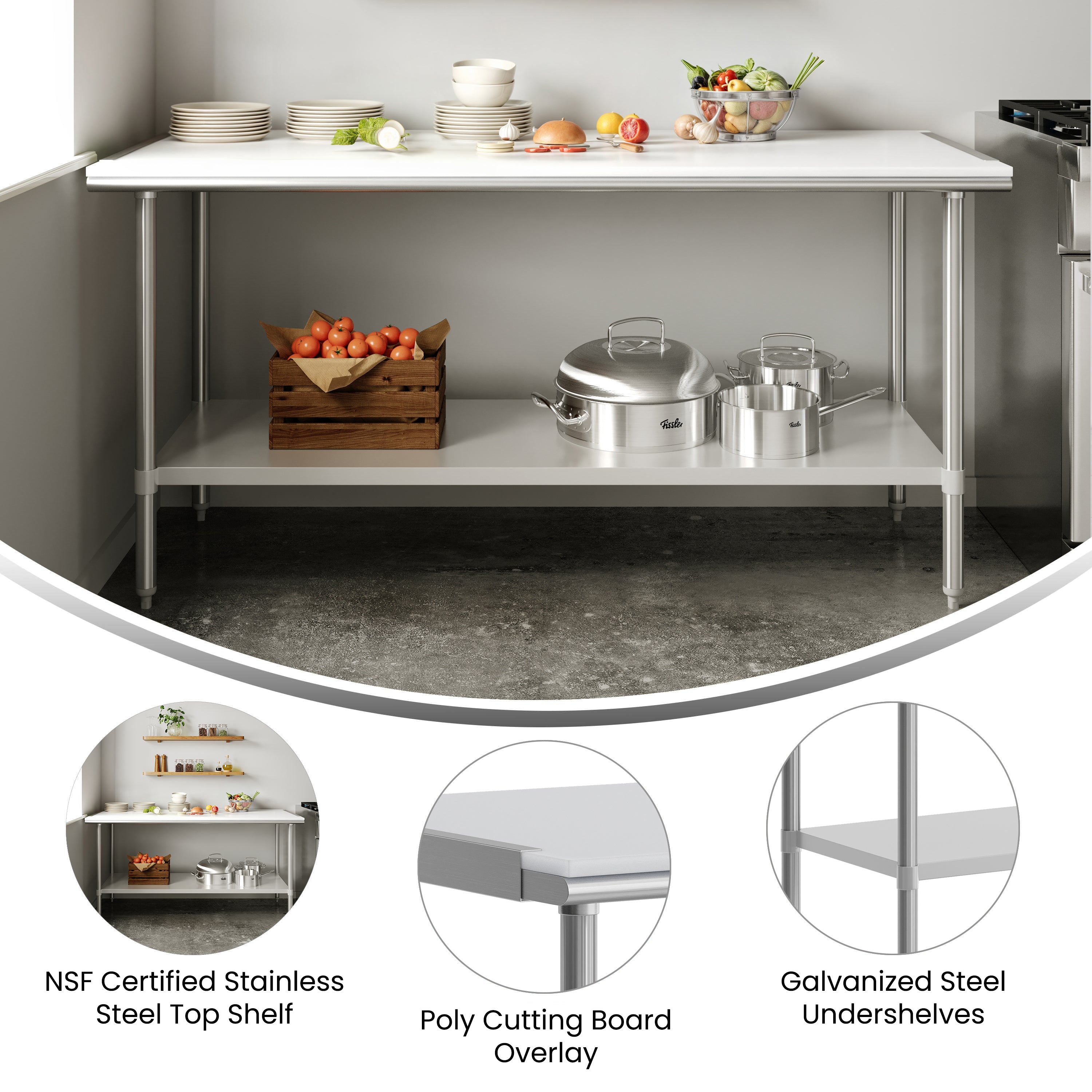 Reader Portable Prep and Work Table with NSF Certified 18 Gauge Stainless Steel Top Shelf with Poly Cutting Board and Galvanized Steel Undershelf