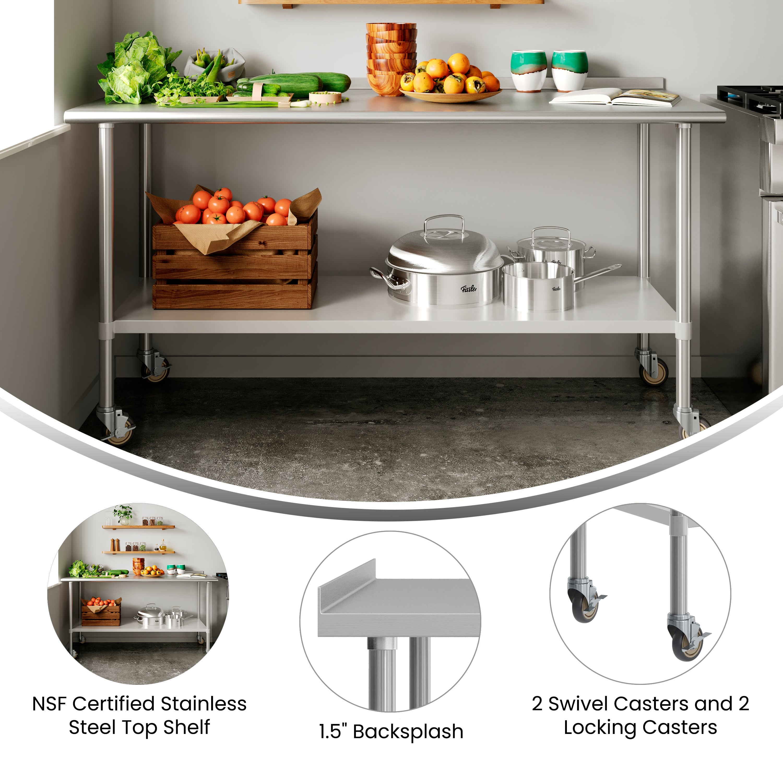 Reader Portable Prep and Work Table with NSF Certified Stainless Steel Top Shelf, 1.5" Backsplash, Galvanized Steel Undershelf, 4 Casters, 2 Locking