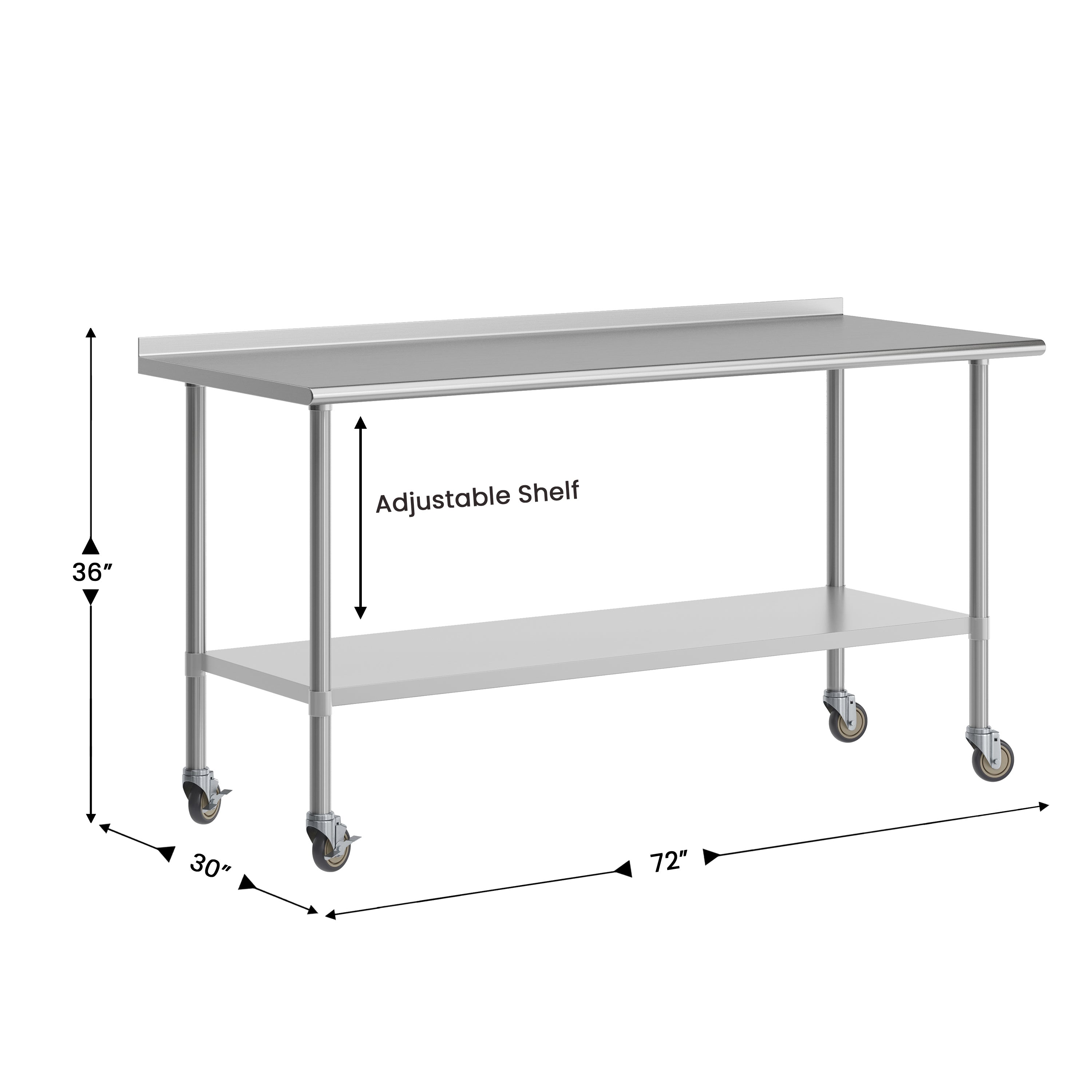 Reader Portable Prep and Work Table with NSF Certified Stainless Steel Top Shelf, 1.5" Backsplash, Galvanized Steel Undershelf, 4 Casters, 2 Locking