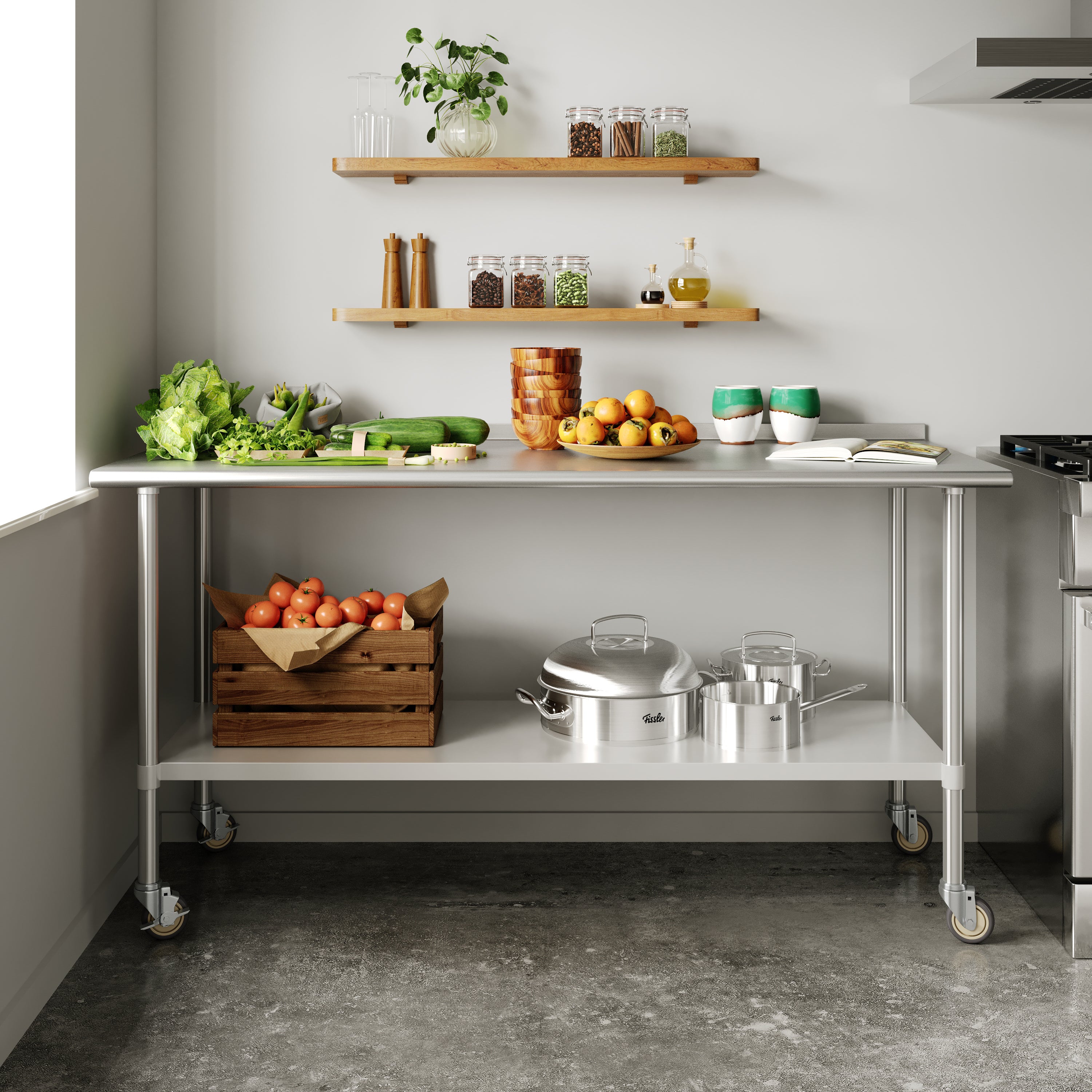 Reader Portable Prep and Work Table with NSF Certified Stainless Steel Top Shelf, 1.5" Backsplash, Galvanized Steel Undershelf, 4 Casters, 2 Locking