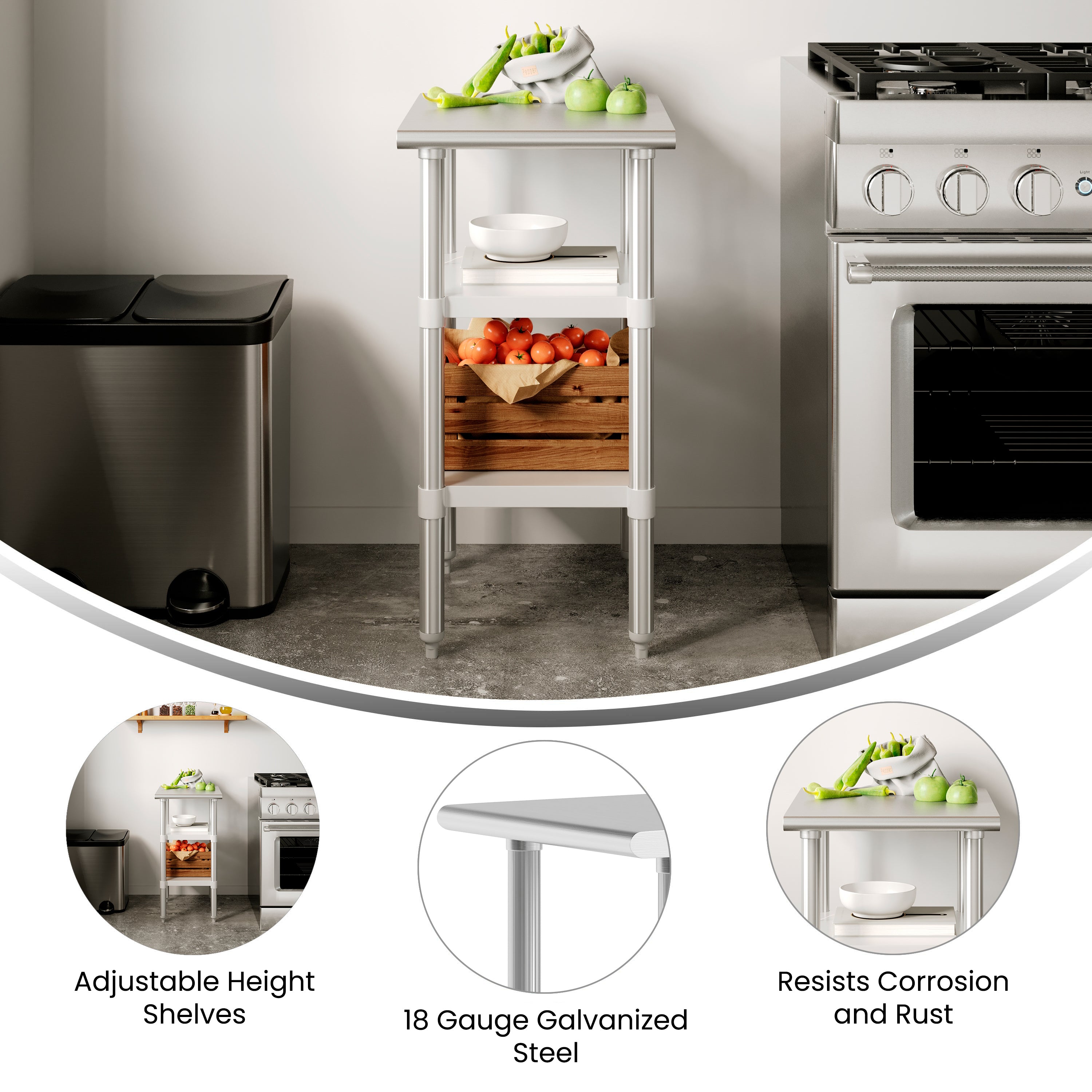 Reese 24x18 Portable Prep and Work Table with NSF Certified 18 Gauge Stainless Steel Top Shelf and 2 Adjustable Galvanized Steel Undershelves
