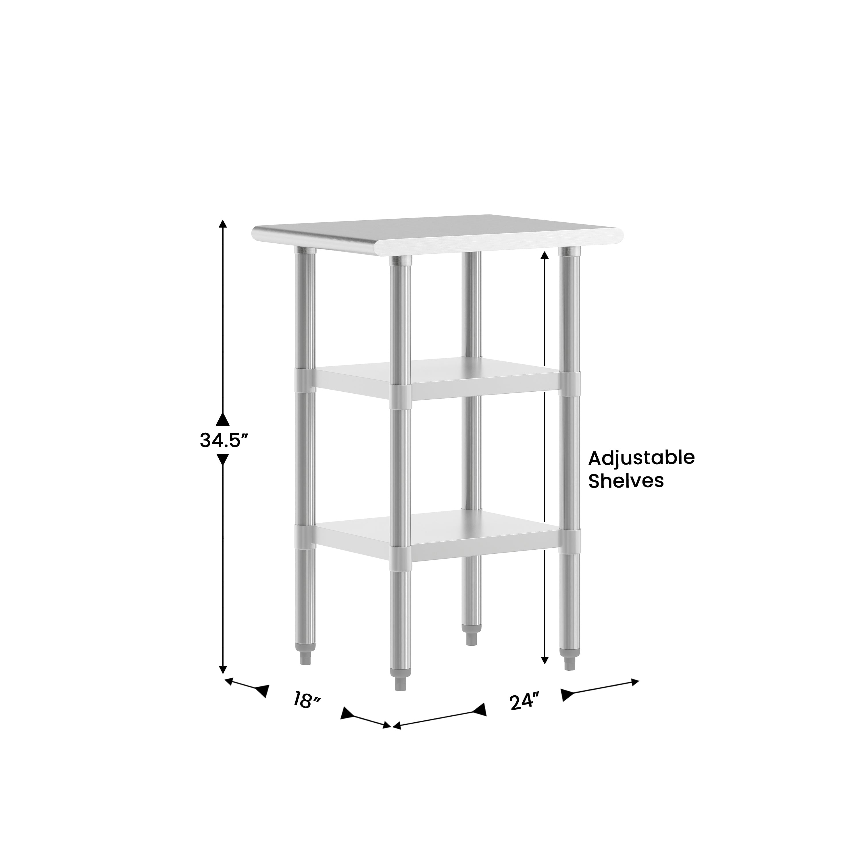 Reese 24x18 Portable Prep and Work Table with NSF Certified 18 Gauge Stainless Steel Top Shelf and 2 Adjustable Galvanized Steel Undershelves