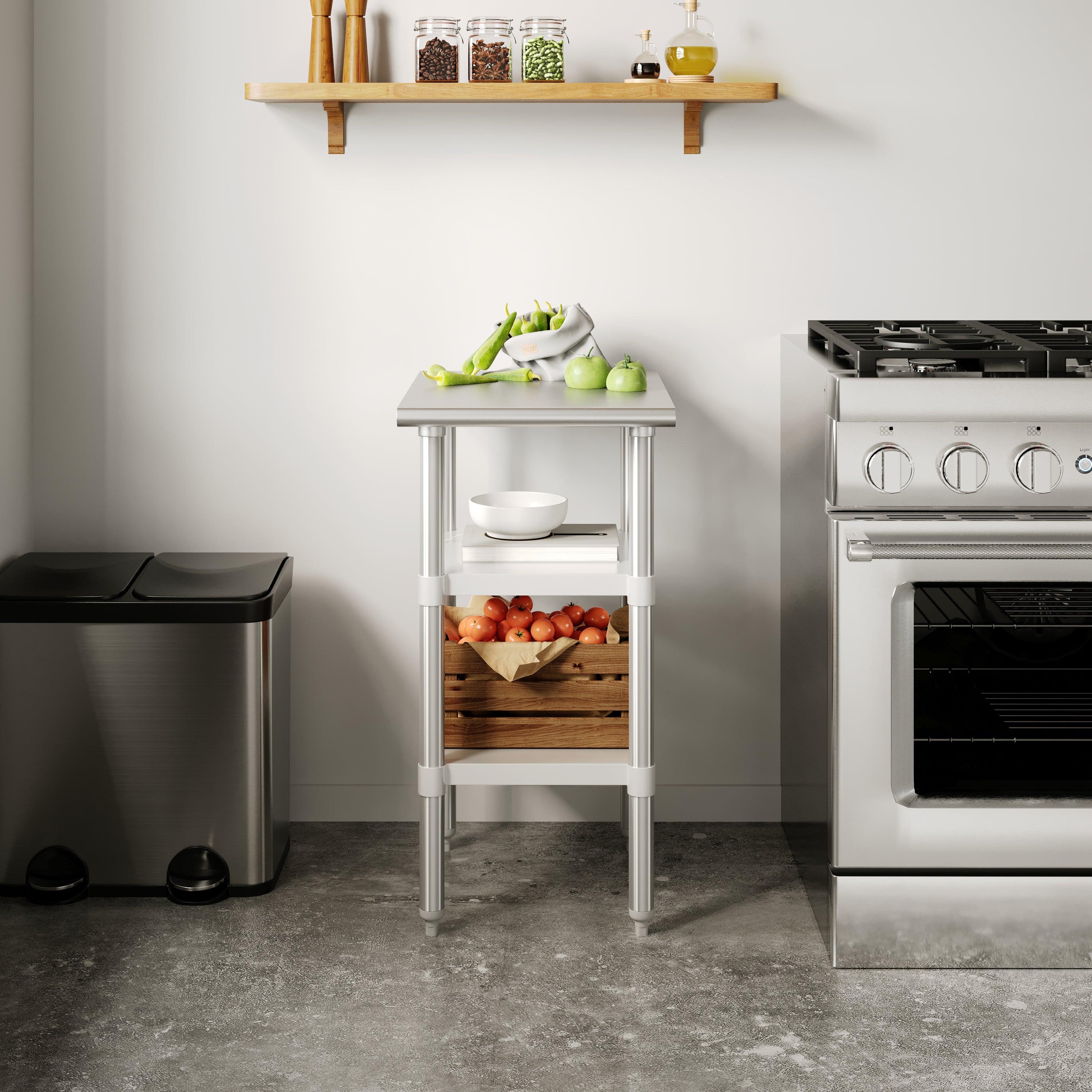 Reese 24x18 Portable Prep and Work Table with NSF Certified 18 Gauge Stainless Steel Top Shelf and 2 Adjustable Galvanized Steel Undershelves