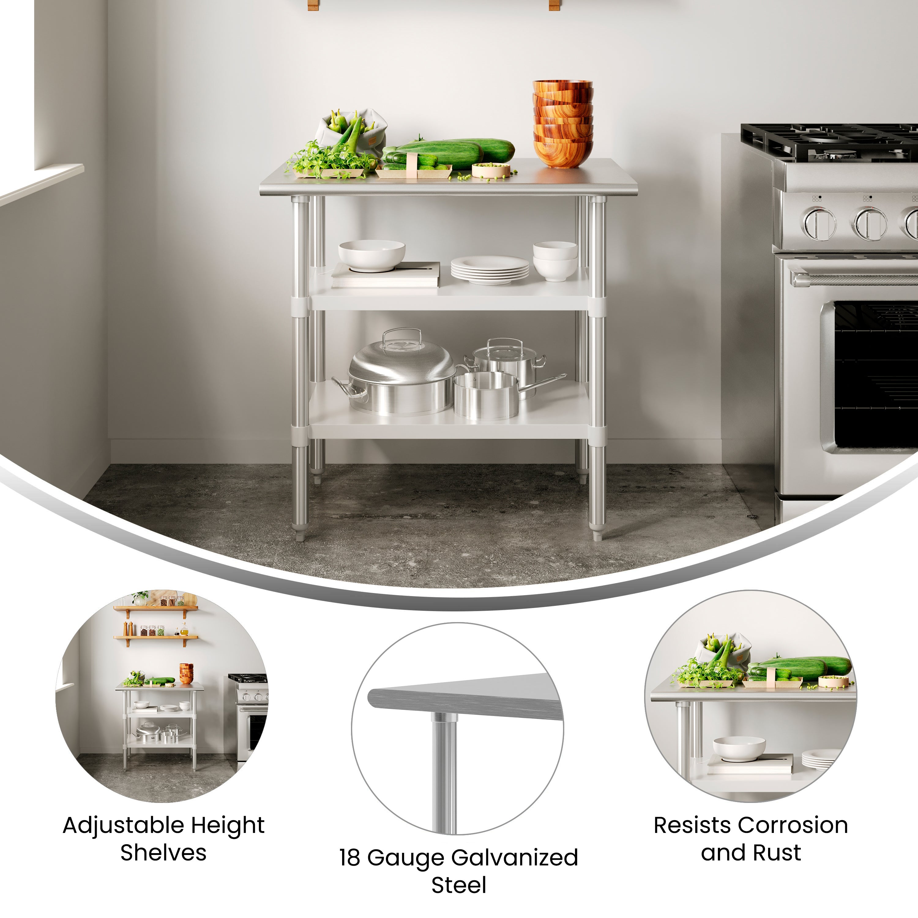 Reese 24x36 Portable Prep and Work Table with NSF Certified 18 Gauge Stainless Steel Top Shelf and 2 Adjustable Galvanized Steel Undershelves