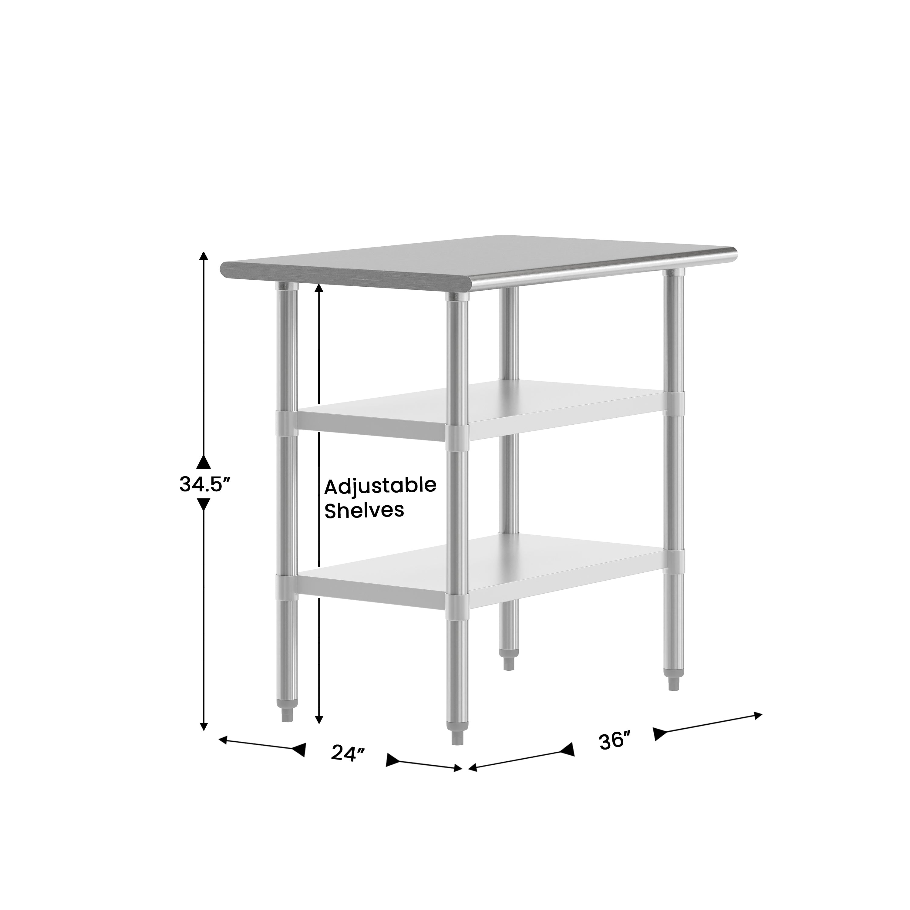 Reese 24x36 Portable Prep and Work Table with NSF Certified 18 Gauge Stainless Steel Top Shelf and 2 Adjustable Galvanized Steel Undershelves