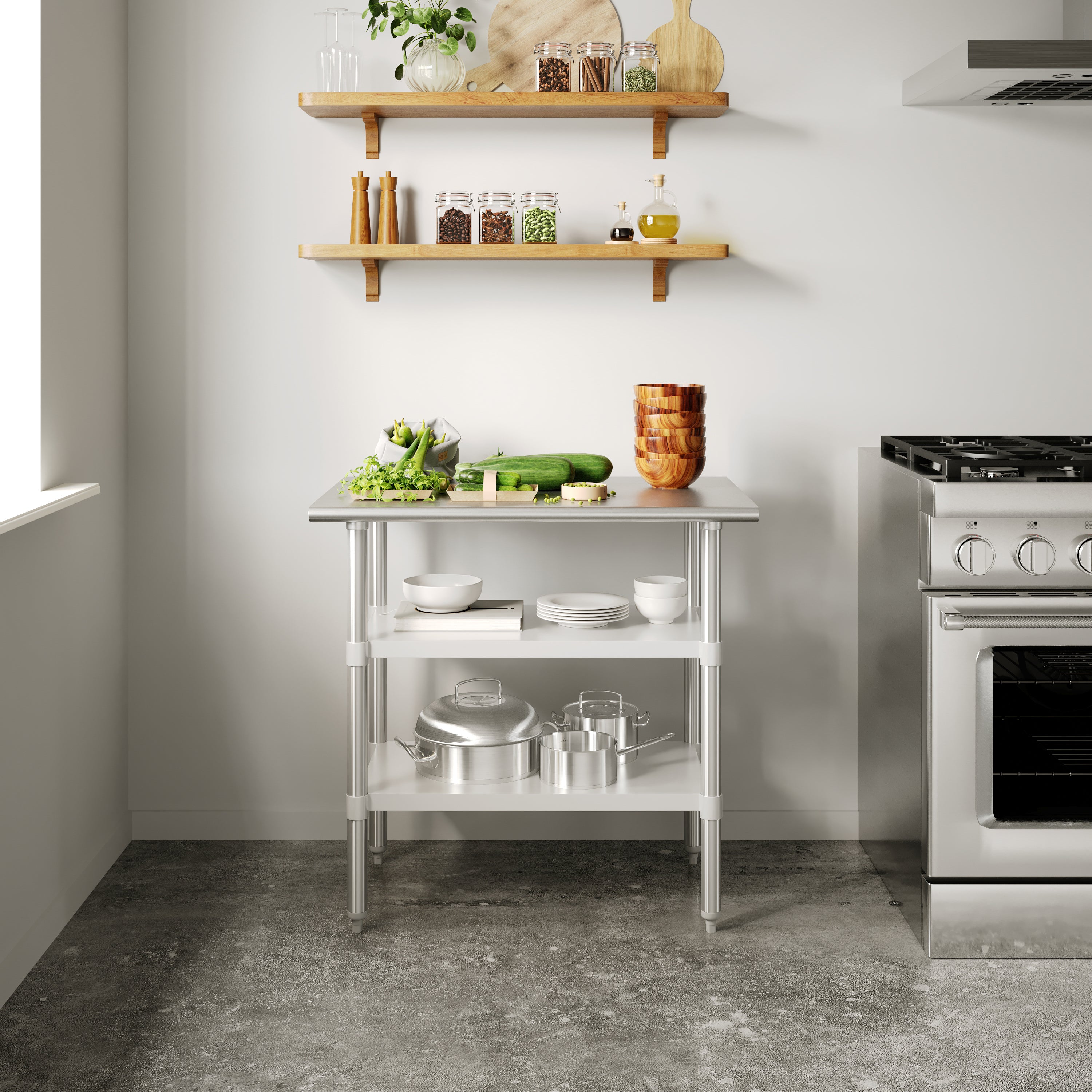 Reese 24x36 Portable Prep and Work Table with NSF Certified 18 Gauge Stainless Steel Top Shelf and 2 Adjustable Galvanized Steel Undershelves