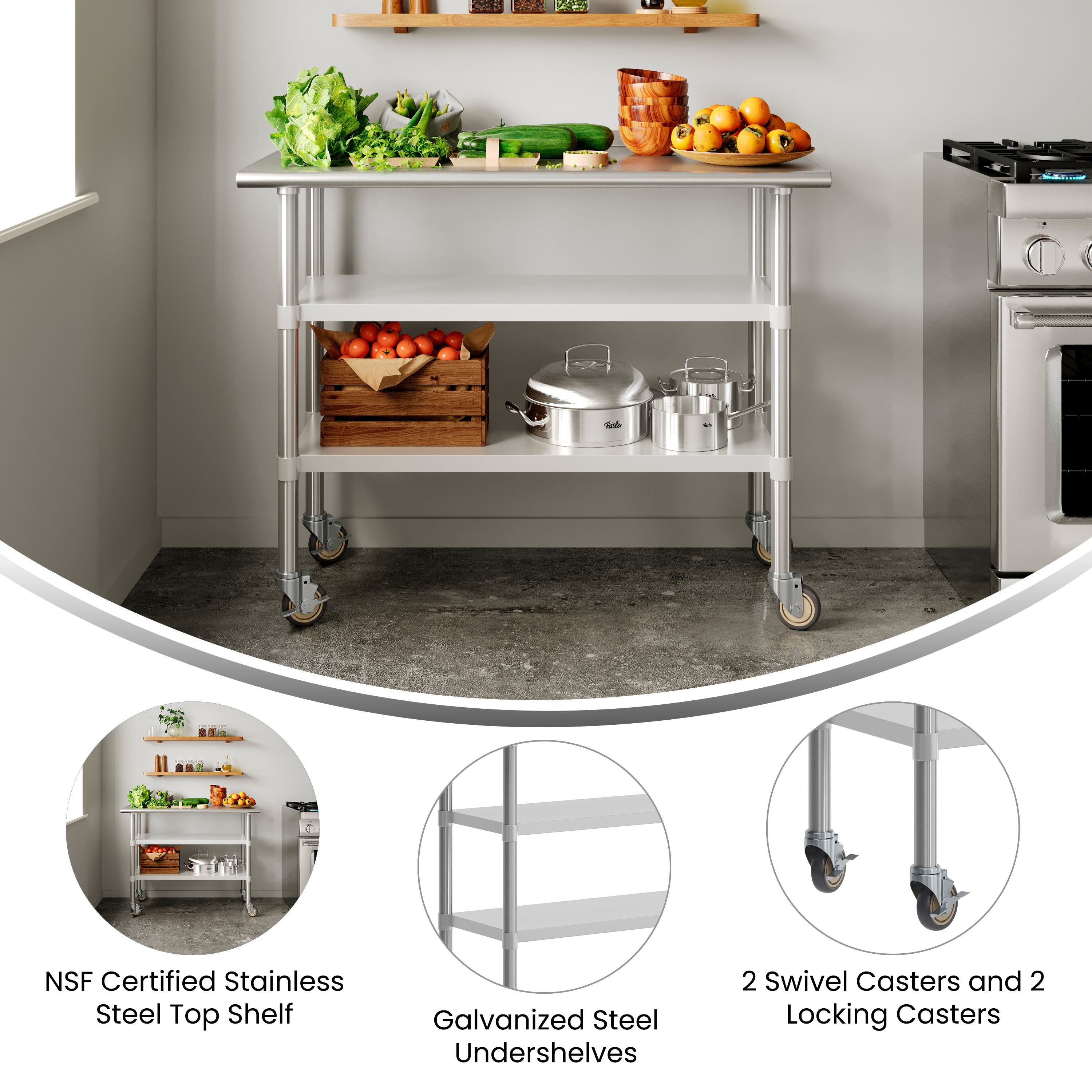 Rawcliffe NSF Certified Stainless Steel Prep and Work Table 24"x 48" with 2 Galvanized Steel Undershelves and 4 Casters with 2 Locking