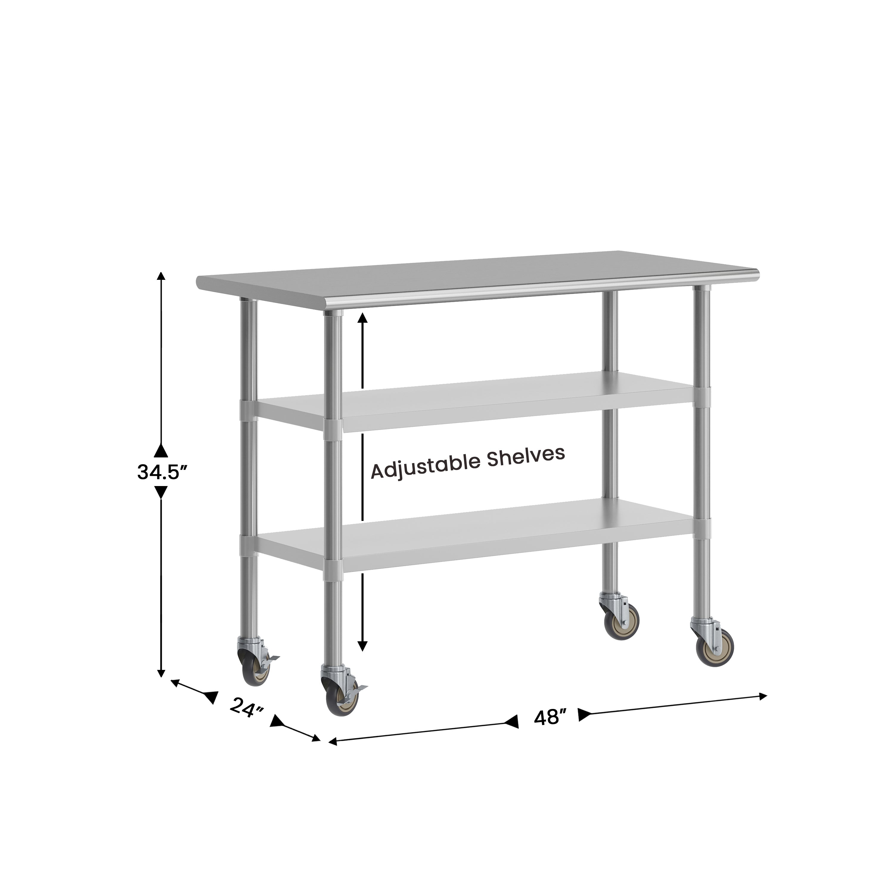 Rawcliffe NSF Certified Stainless Steel Prep and Work Table 24"x 48" with 2 Galvanized Steel Undershelves and 4 Casters with 2 Locking