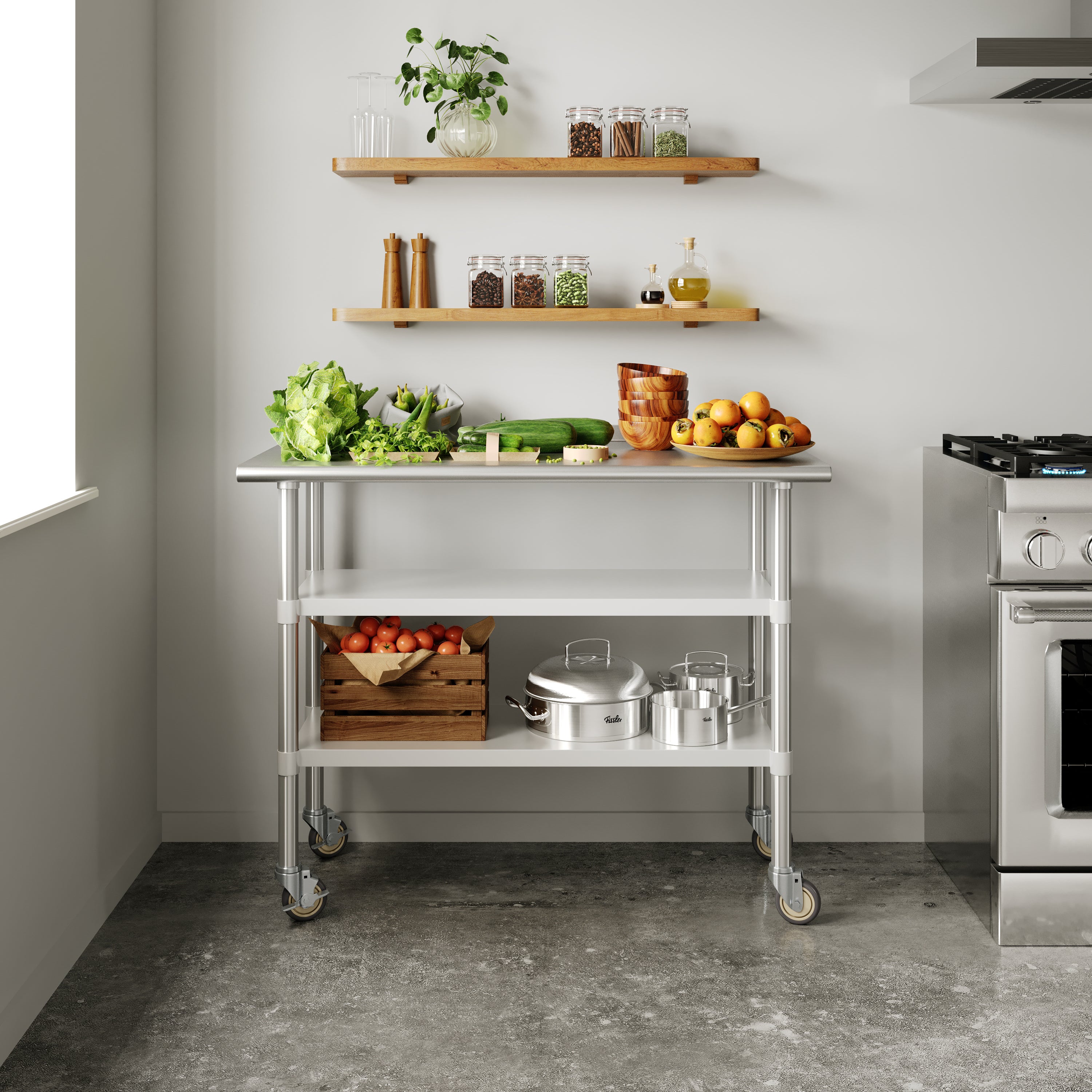 Rawcliffe NSF Certified Stainless Steel Prep and Work Table 24"x 48" with 2 Galvanized Steel Undershelves and 4 Casters with 2 Locking