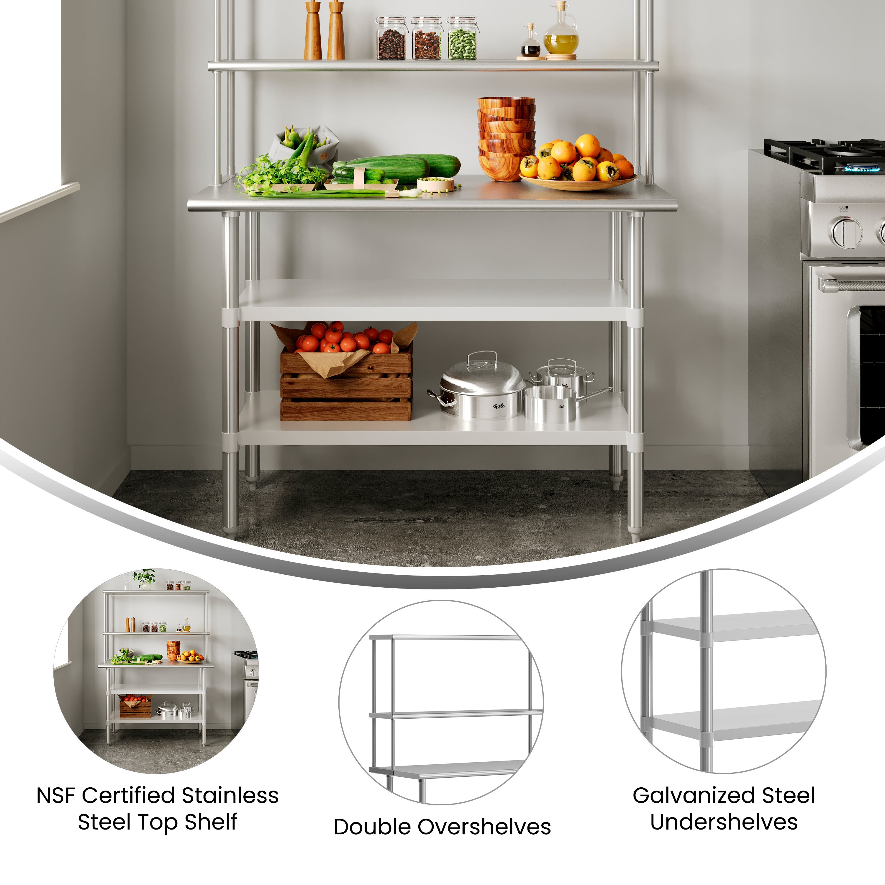 Rawcliffe Portable Prep and Work Table with NSF Certified 18 Gauge Stainless Steel Top Shelf and Double Overshelves, 2 Galvanized Steel Undershelves