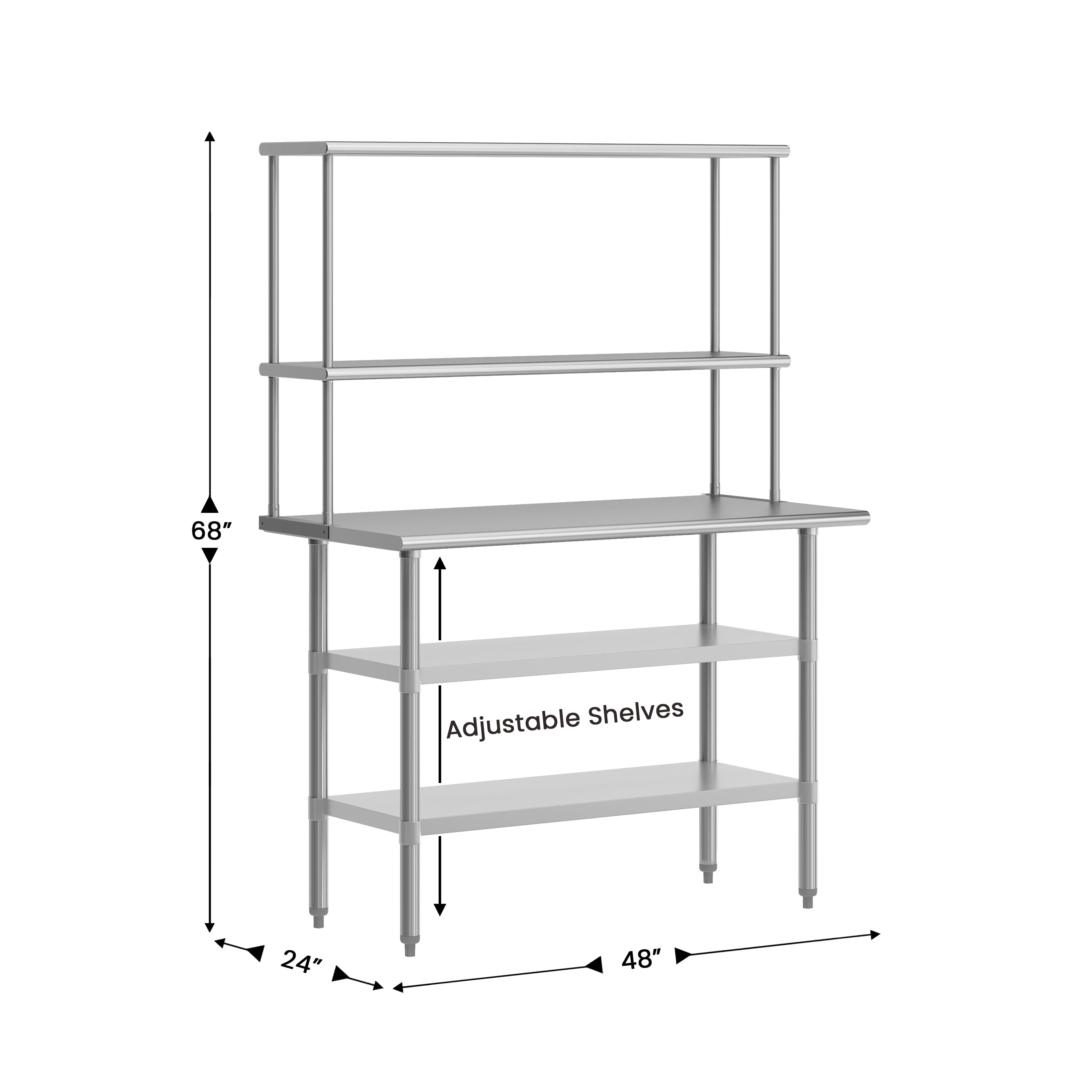 Rawcliffe Portable Prep and Work Table with NSF Certified 18 Gauge Stainless Steel Top Shelf and Double Overshelves, 2 Galvanized Steel Undershelves