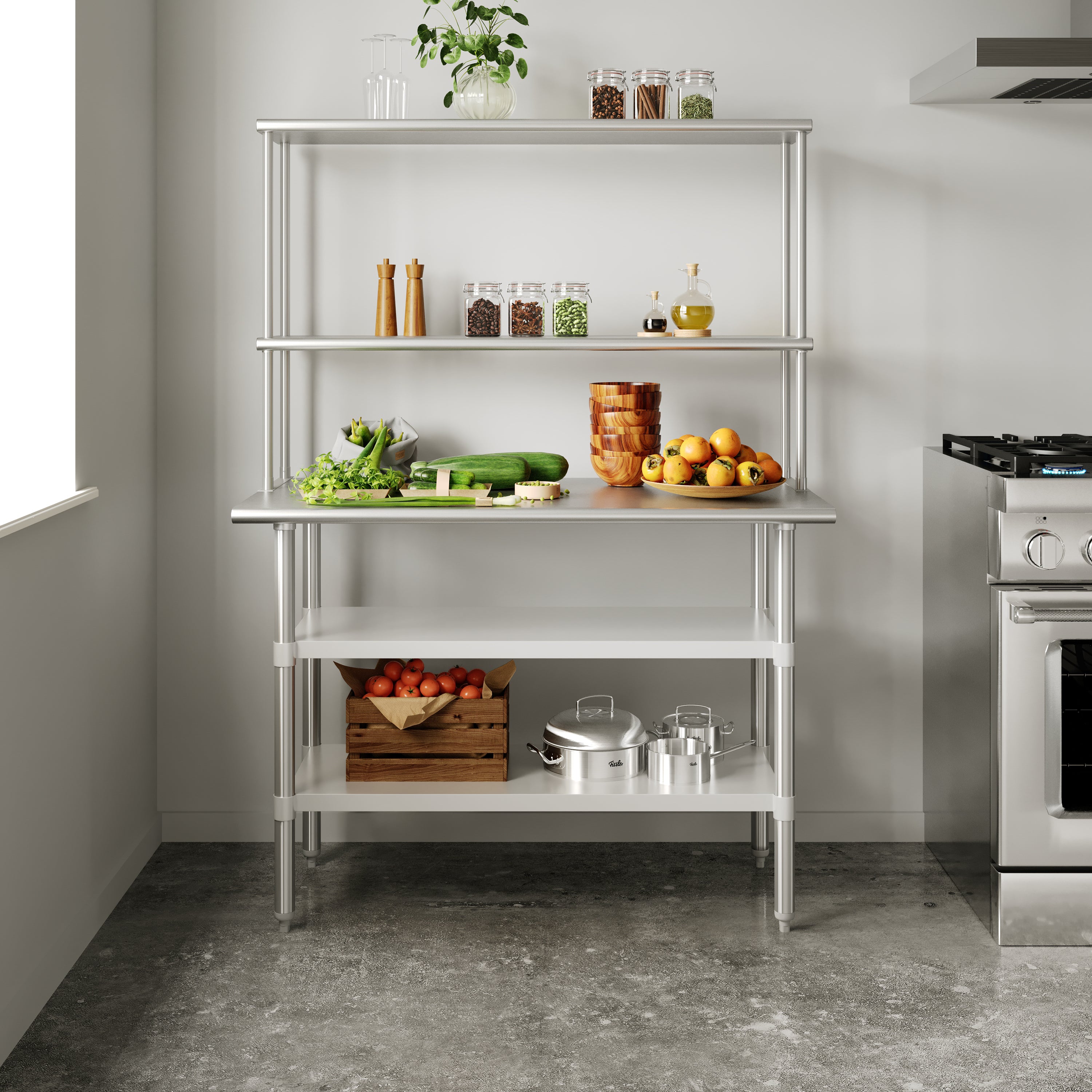 Rawcliffe Portable Prep and Work Table with NSF Certified 18 Gauge Stainless Steel Top Shelf and Double Overshelves, 2 Galvanized Steel Undershelves