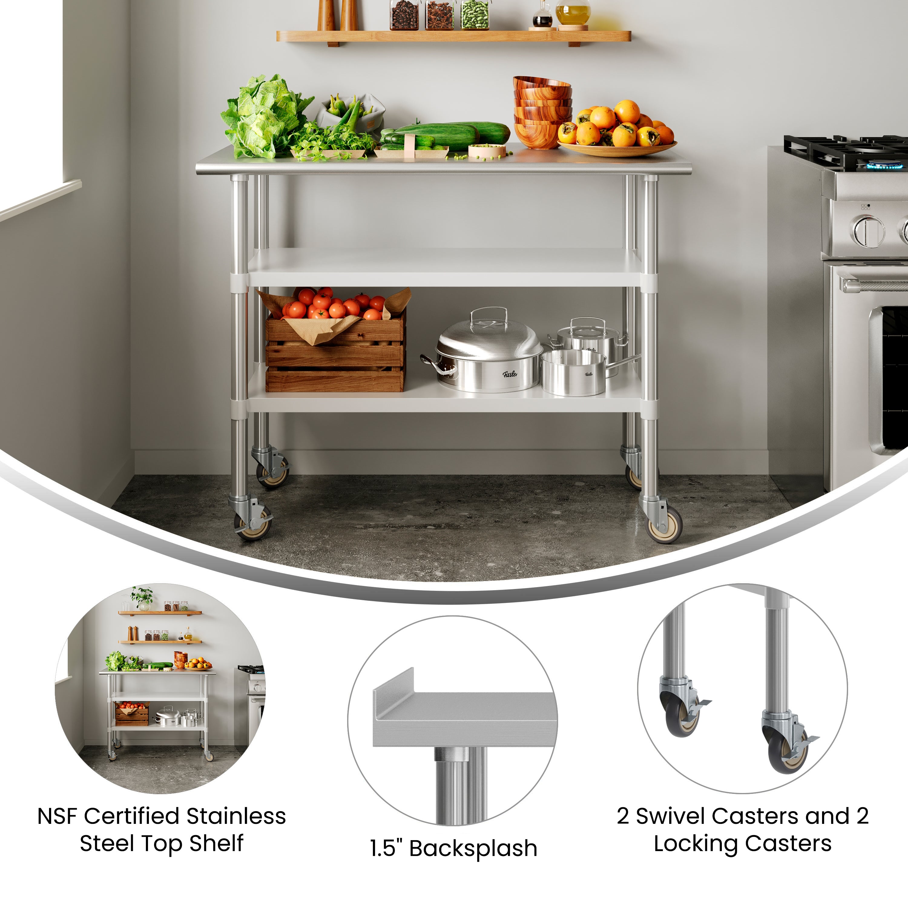 Rawcliffe NSF Certified Stainless Steel Prep and Work Table 24"x 48" with 1.5" Backsplash, 2 Galvanized Steel Undershelves and 4 Casters, 2 Locking