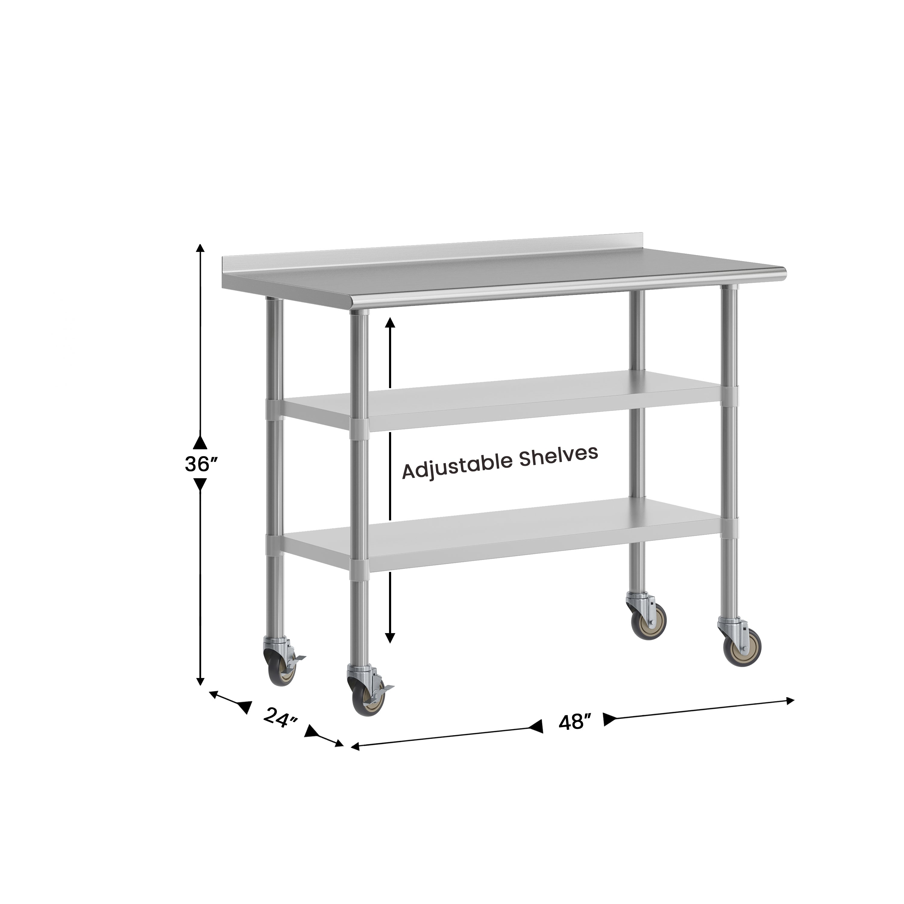 Rawcliffe NSF Certified Stainless Steel Prep and Work Table 24"x 48" with 1.5" Backsplash, 2 Galvanized Steel Undershelves and 4 Casters, 2 Locking