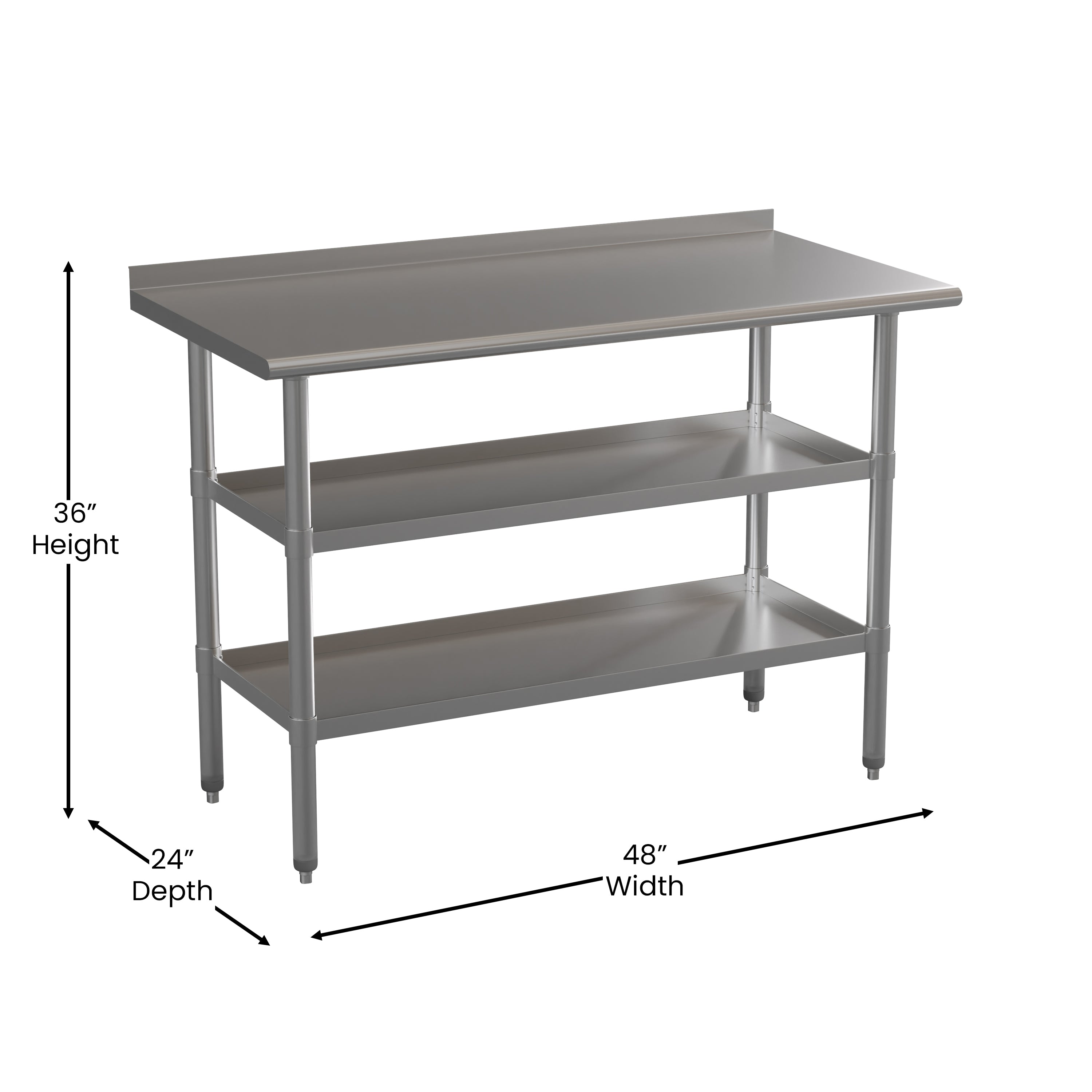 Hogan Stainless Steel 18 Gauge Work Table with 1.5" Backsplash and 2 Undershelves - 48"W x 24"D x 36"H, NSF