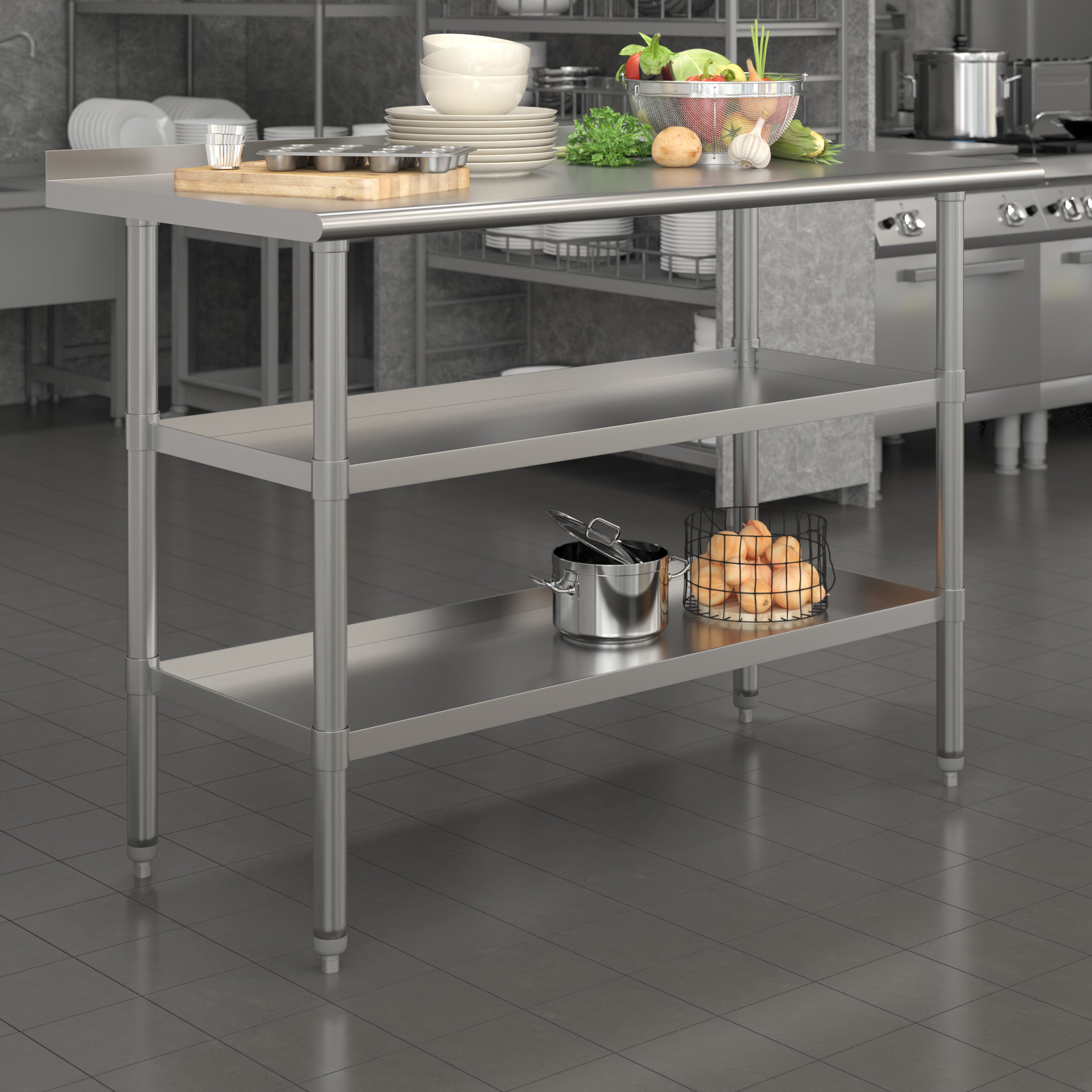 Hogan Stainless Steel 18 Gauge Work Table with 1.5" Backsplash and 2 Undershelves - 48"W x 24"D x 36"H, NSF