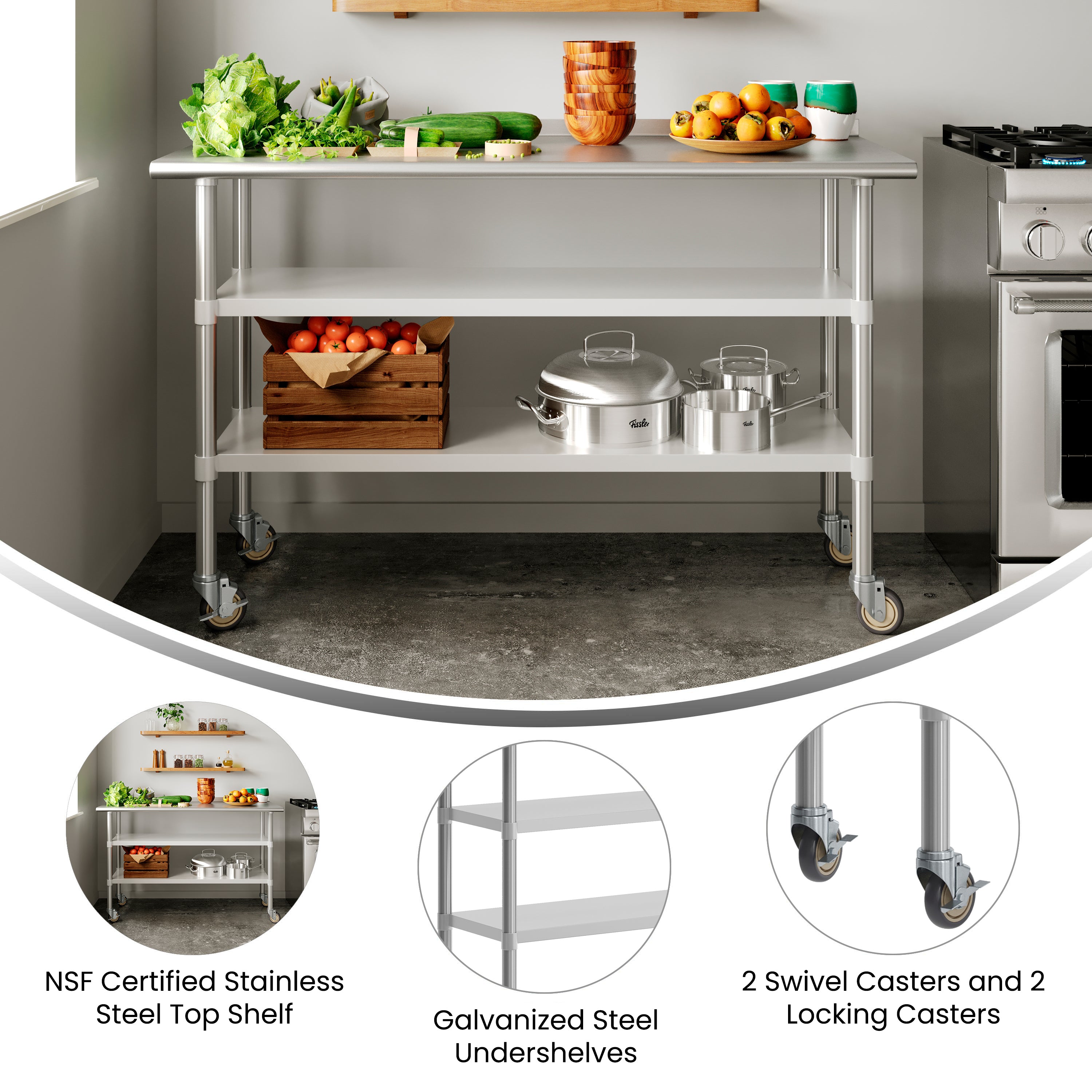 Reese NSF Certified Stainless Steel Prep and Work Table 24"x 60" with 2 Galvanized Steel Undershelves and 4 Casters, Heavy Duty Food Prep Worktable