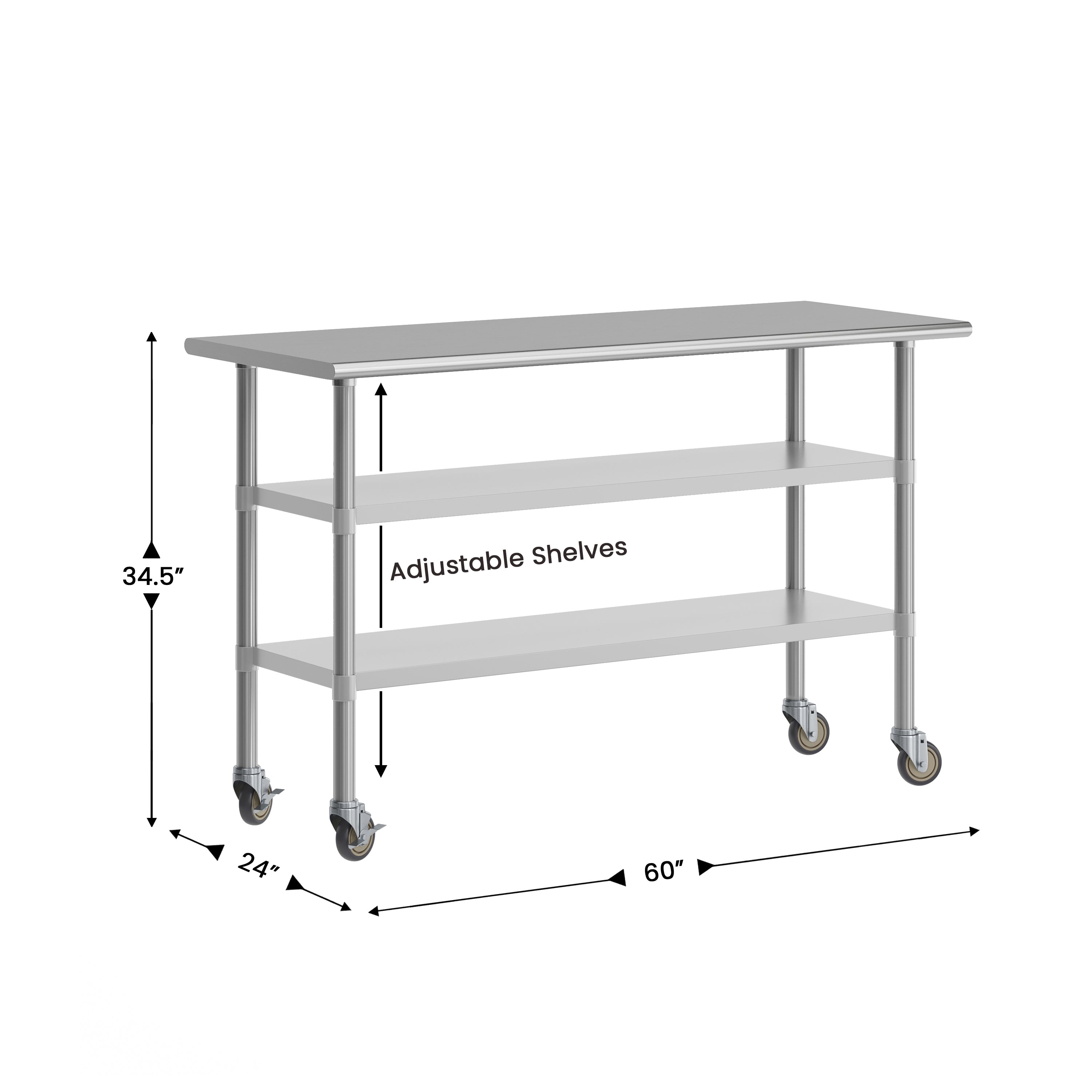 Reese NSF Certified Stainless Steel Prep and Work Table 24"x 60" with 2 Galvanized Steel Undershelves and 4 Casters, Heavy Duty Food Prep Worktable