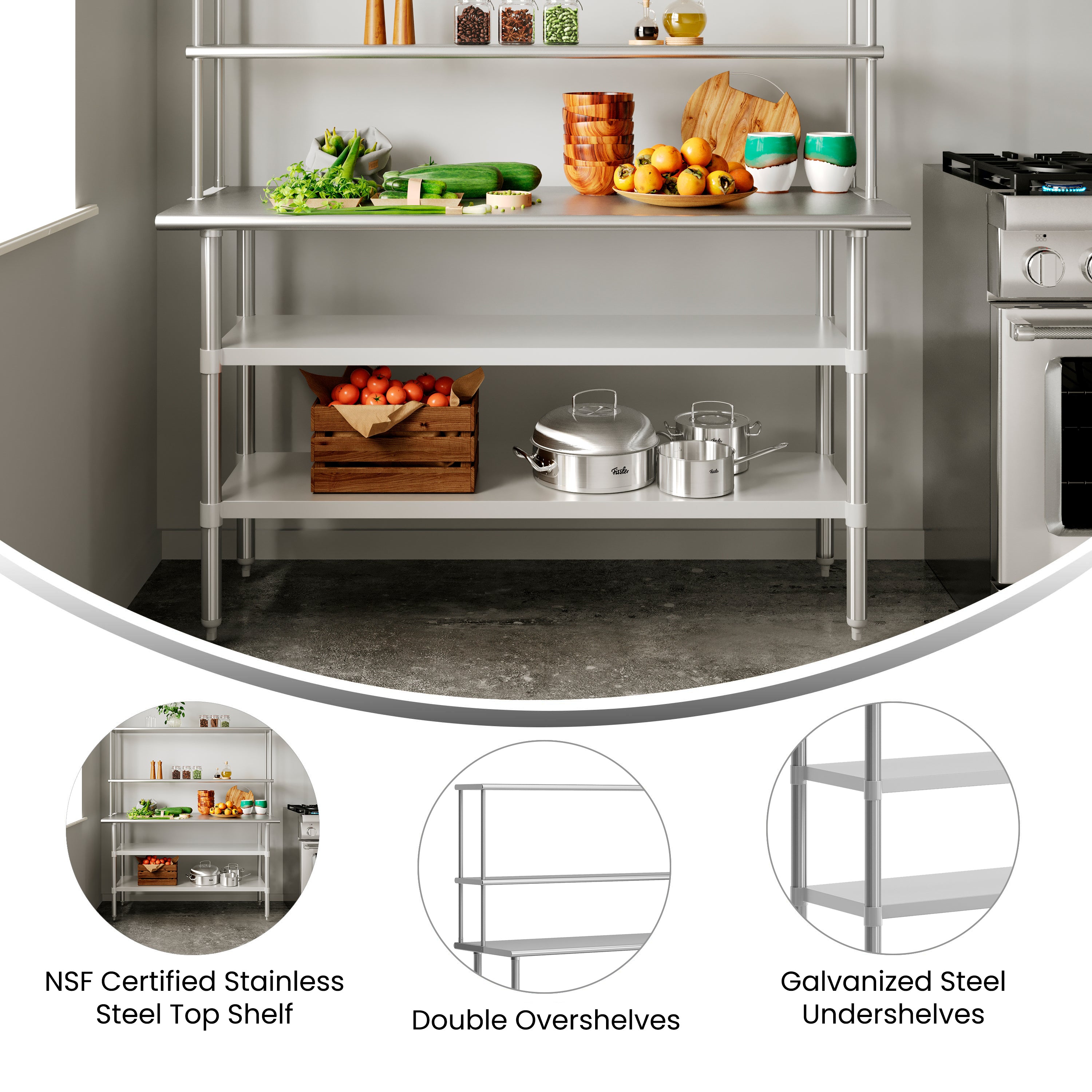 Reese Portable Prep and Work Table with NSF Certified 18 Gauge Stainless Steel Top Shelf and Double Overshelves, 2 Galvanized Steel Undershelves