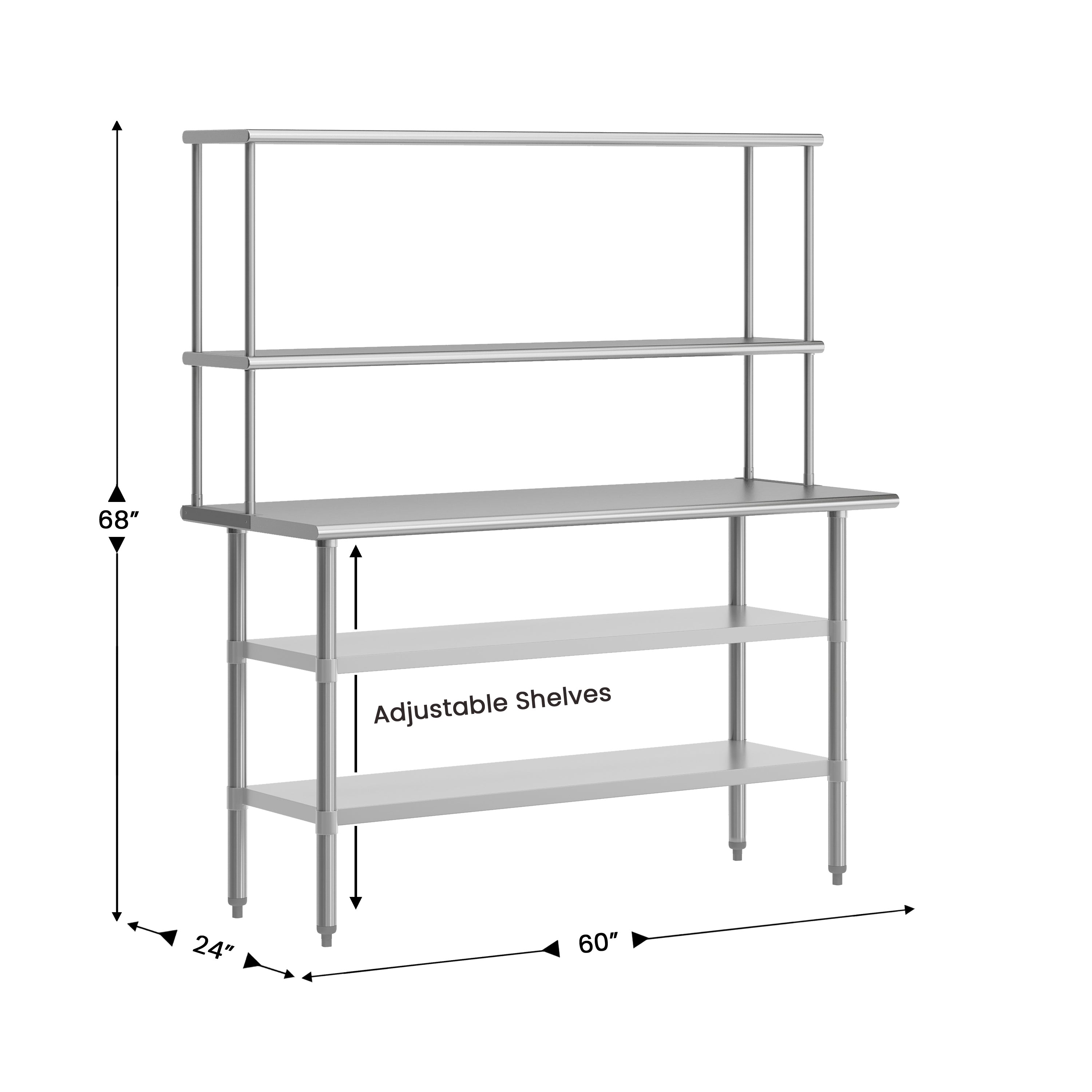 Reese Portable Prep and Work Table with NSF Certified 18 Gauge Stainless Steel Top Shelf and Double Overshelves, 2 Galvanized Steel Undershelves