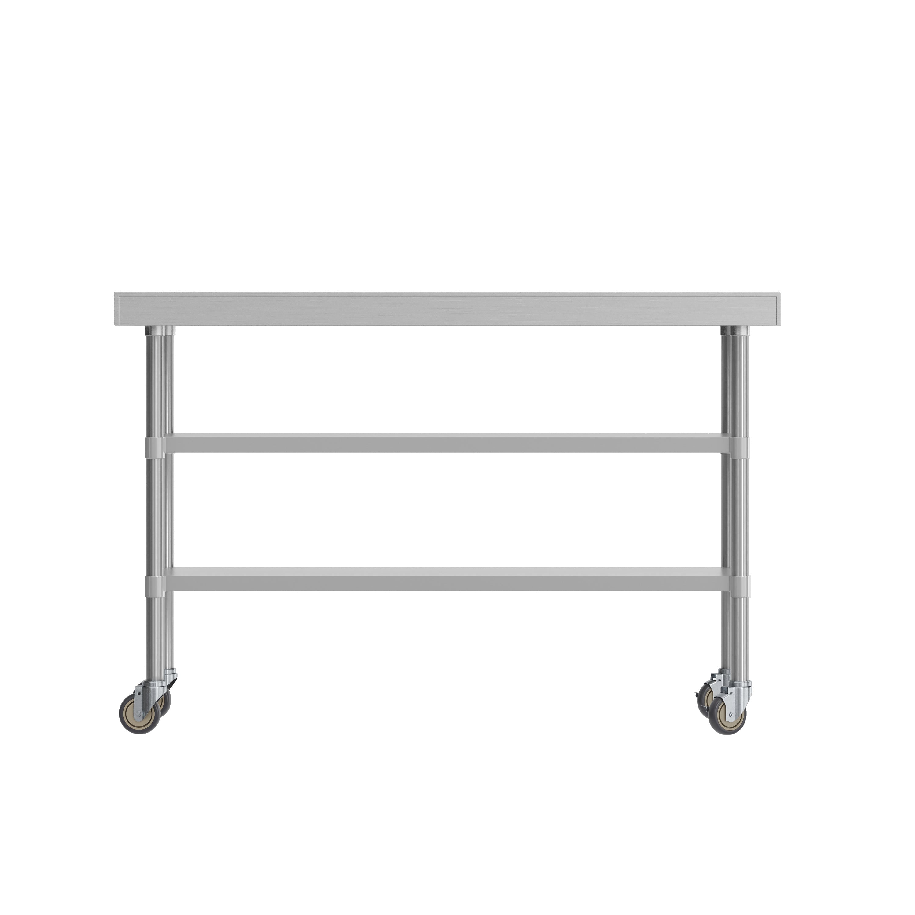 Reese NSF Certified Stainless Steel Prep and Work Table 24"x 60" with 1.5" Backsplash, 2 Galvanized Steel Undershelves and 4 Casters, 2 Locking