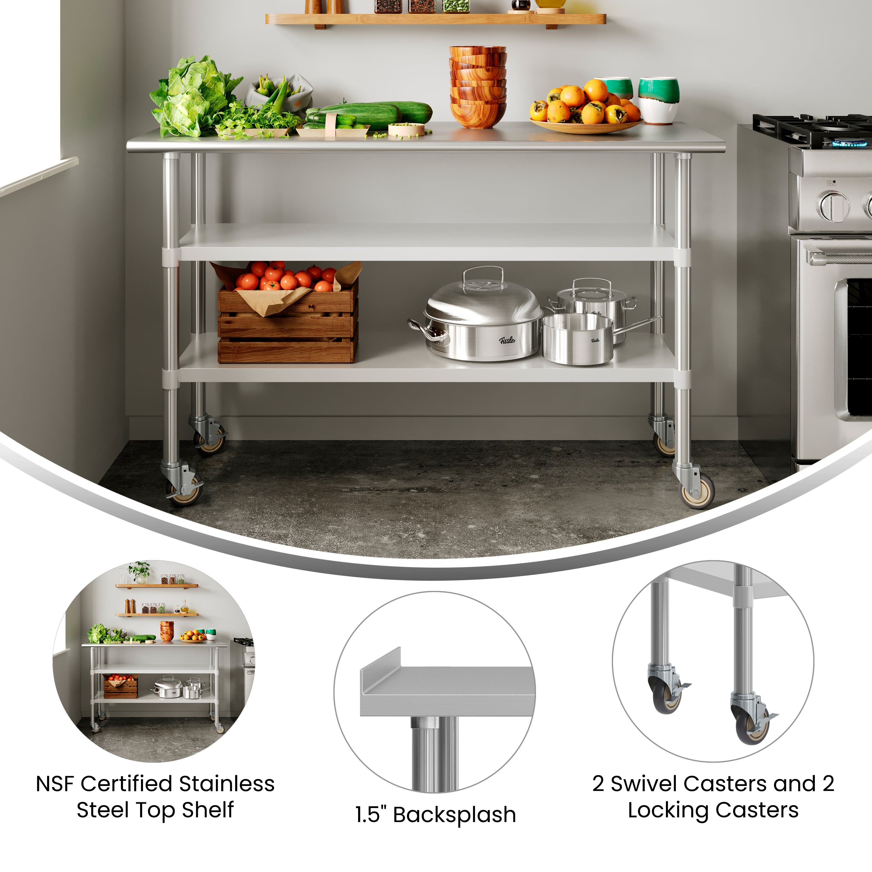 Reese NSF Certified Stainless Steel Prep and Work Table 24"x 60" with 1.5" Backsplash, 2 Galvanized Steel Undershelves and 4 Casters, 2 Locking