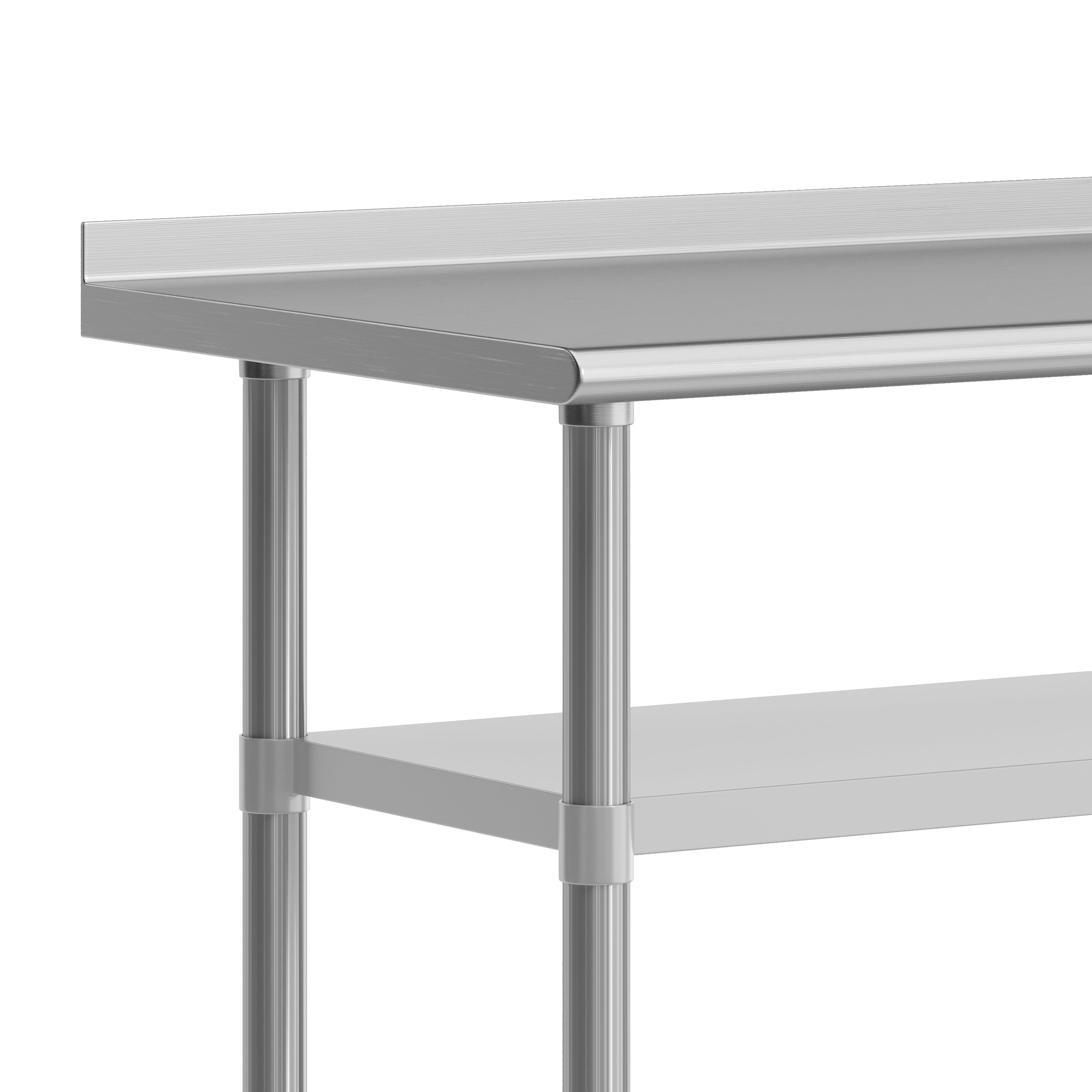 Reese NSF Certified Stainless Steel Prep and Work Table 24"x 60" with 1.5" Backsplash, 2 Galvanized Steel Undershelves and 4 Casters, 2 Locking