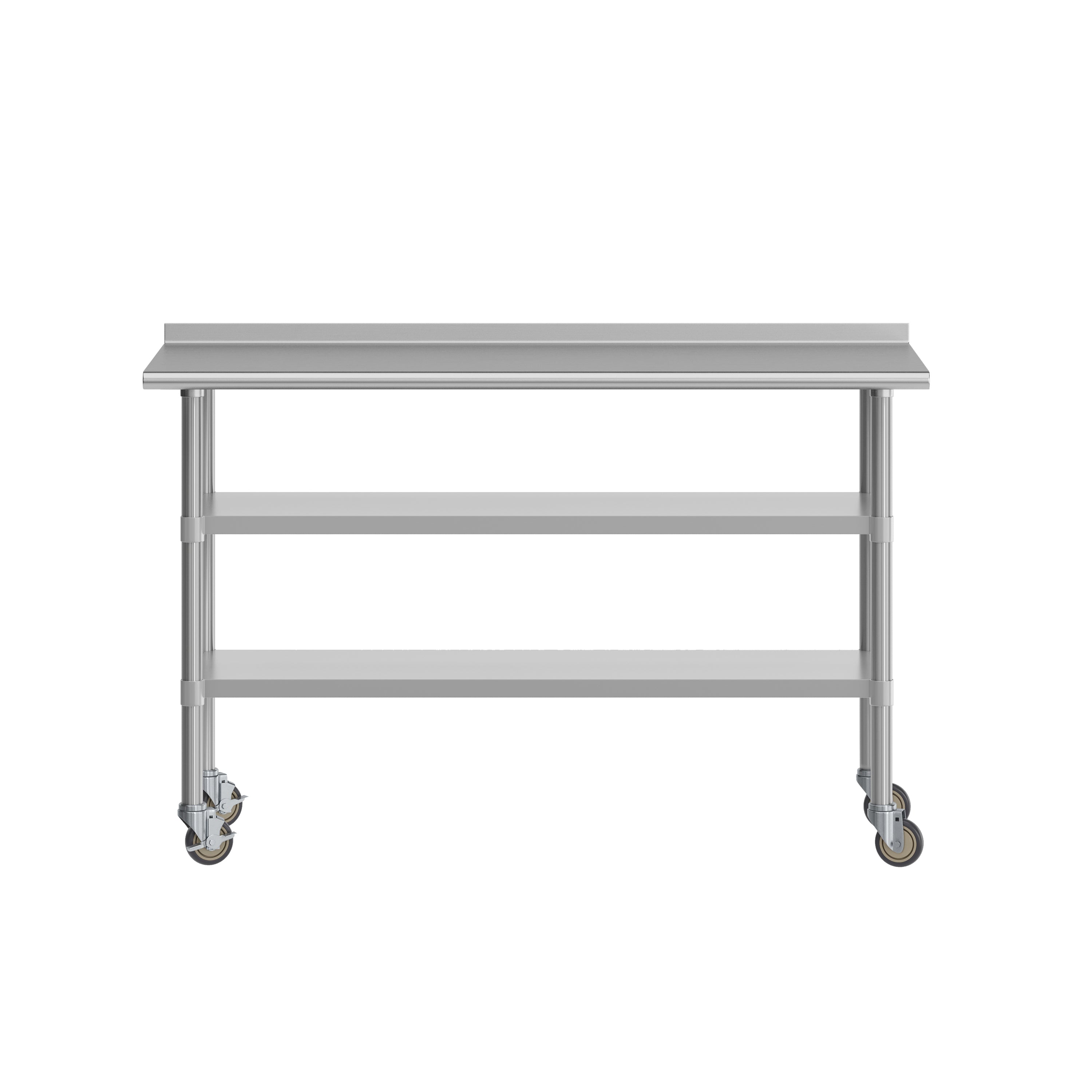 Reese NSF Certified Stainless Steel Prep and Work Table 24"x 60" with 1.5" Backsplash, 2 Galvanized Steel Undershelves and 4 Casters, 2 Locking