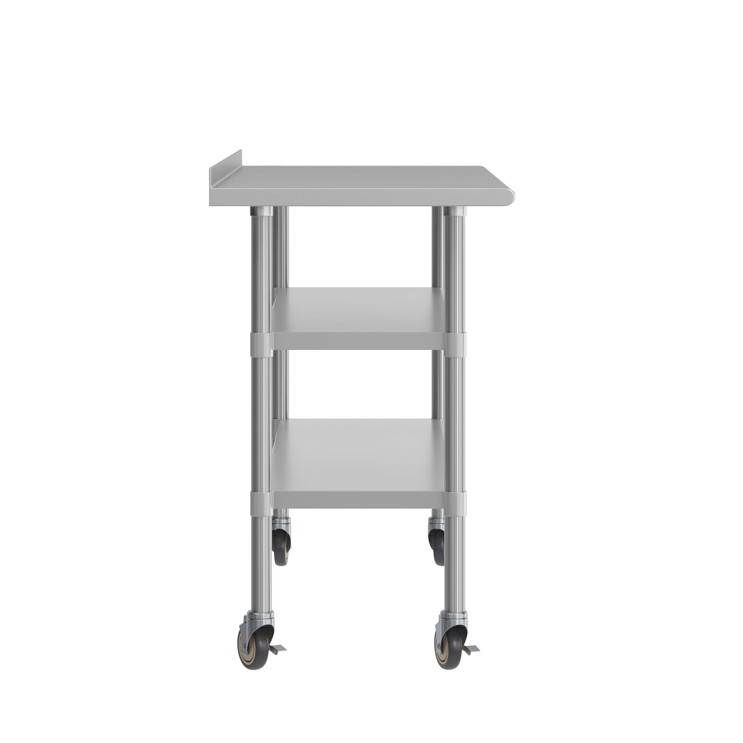 Reese NSF Certified Stainless Steel Prep and Work Table 24"x 60" with 1.5" Backsplash, 2 Galvanized Steel Undershelves and 4 Casters, 2 Locking