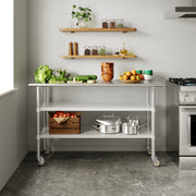 Reese NSF Certified Stainless Steel Prep and Work Table 24"x 60" with 1.5" Backsplash, 2 Galvanized Steel Undershelves and 4 Casters, 2 Locking